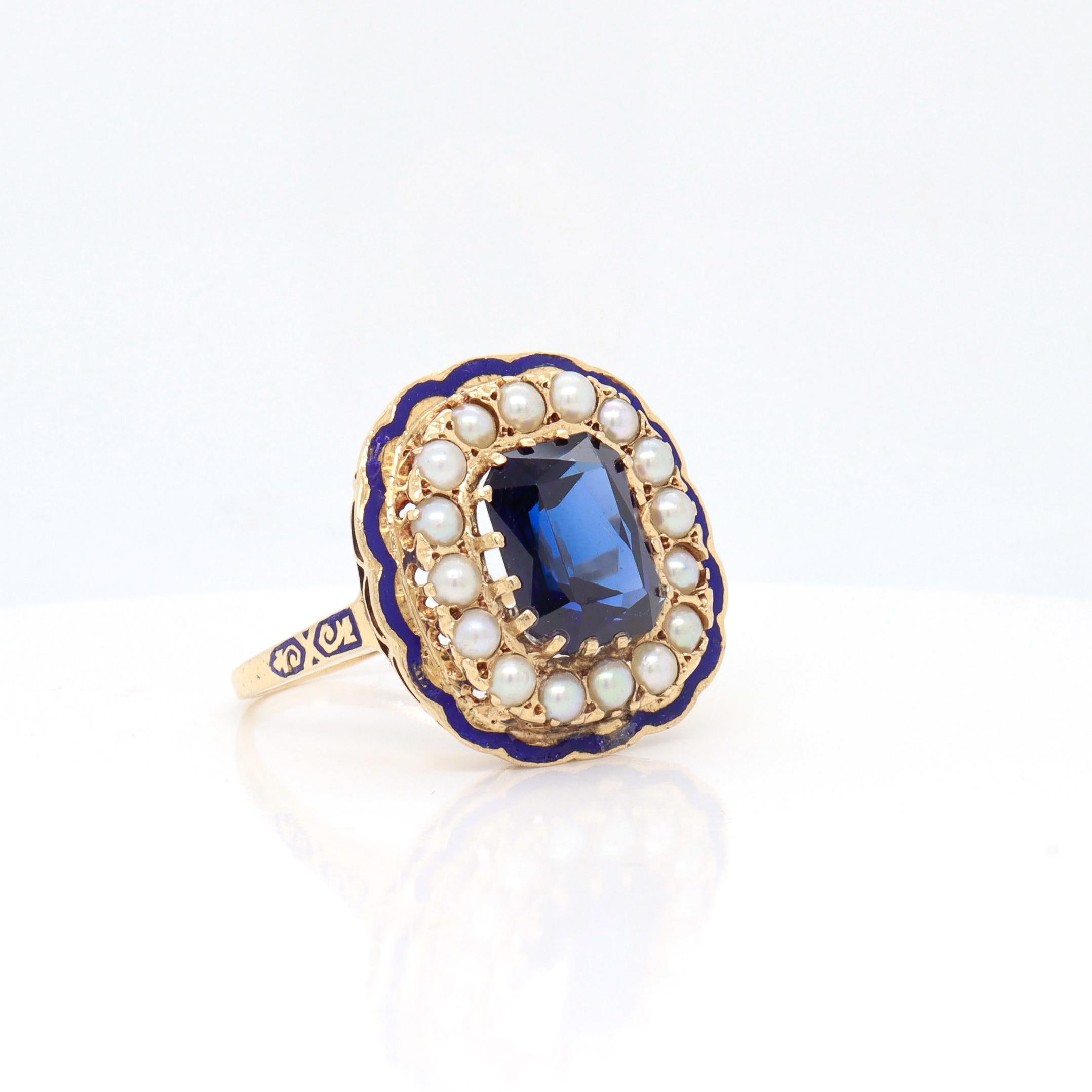 Victorian Style 14K Yellow Gold, Enamel, Sapphire, and Pearl Cocktail Ring im Angebot 4