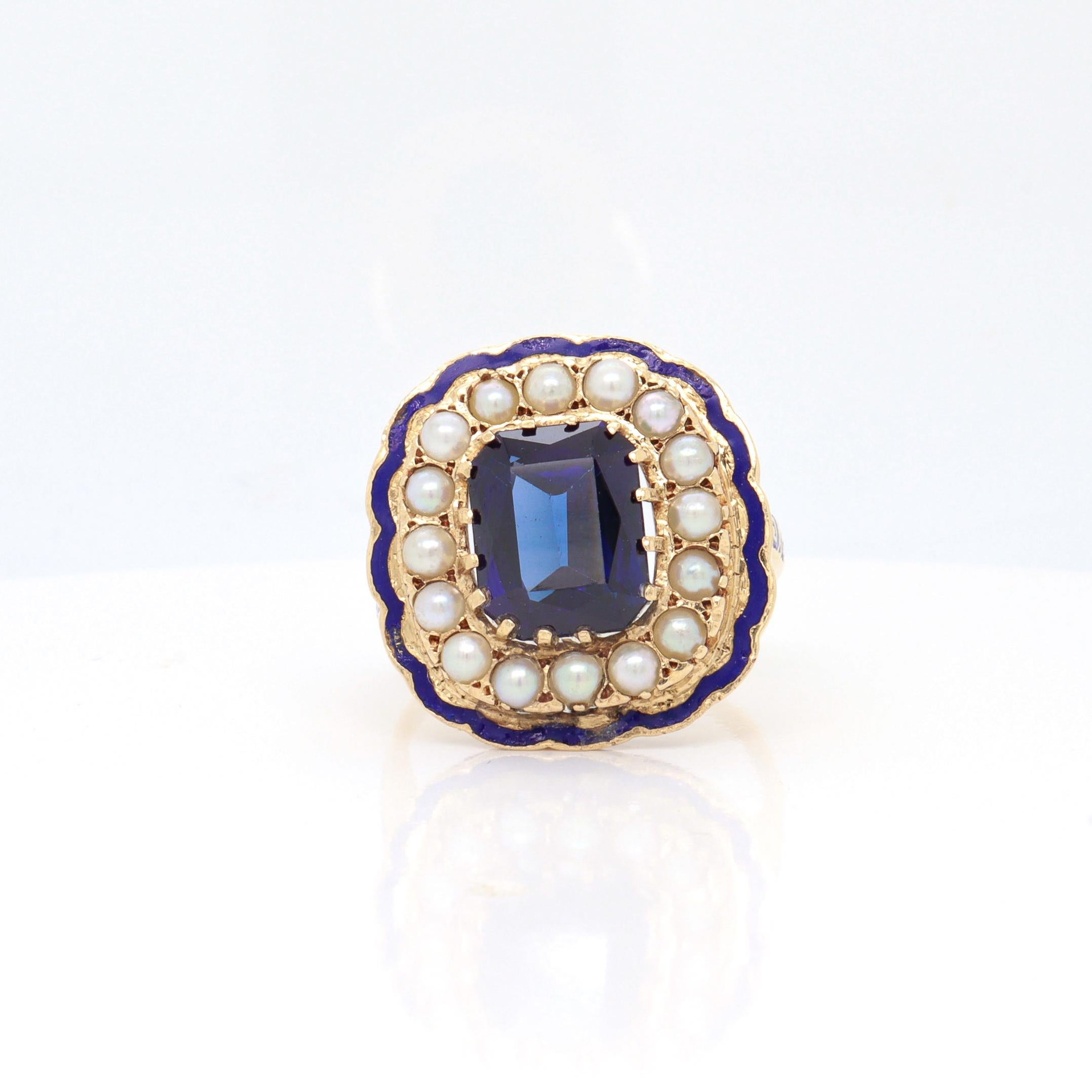 Victorian Style 14K Yellow Gold, Enamel, Sapphire, and Pearl Cocktail Ring Damen im Angebot
