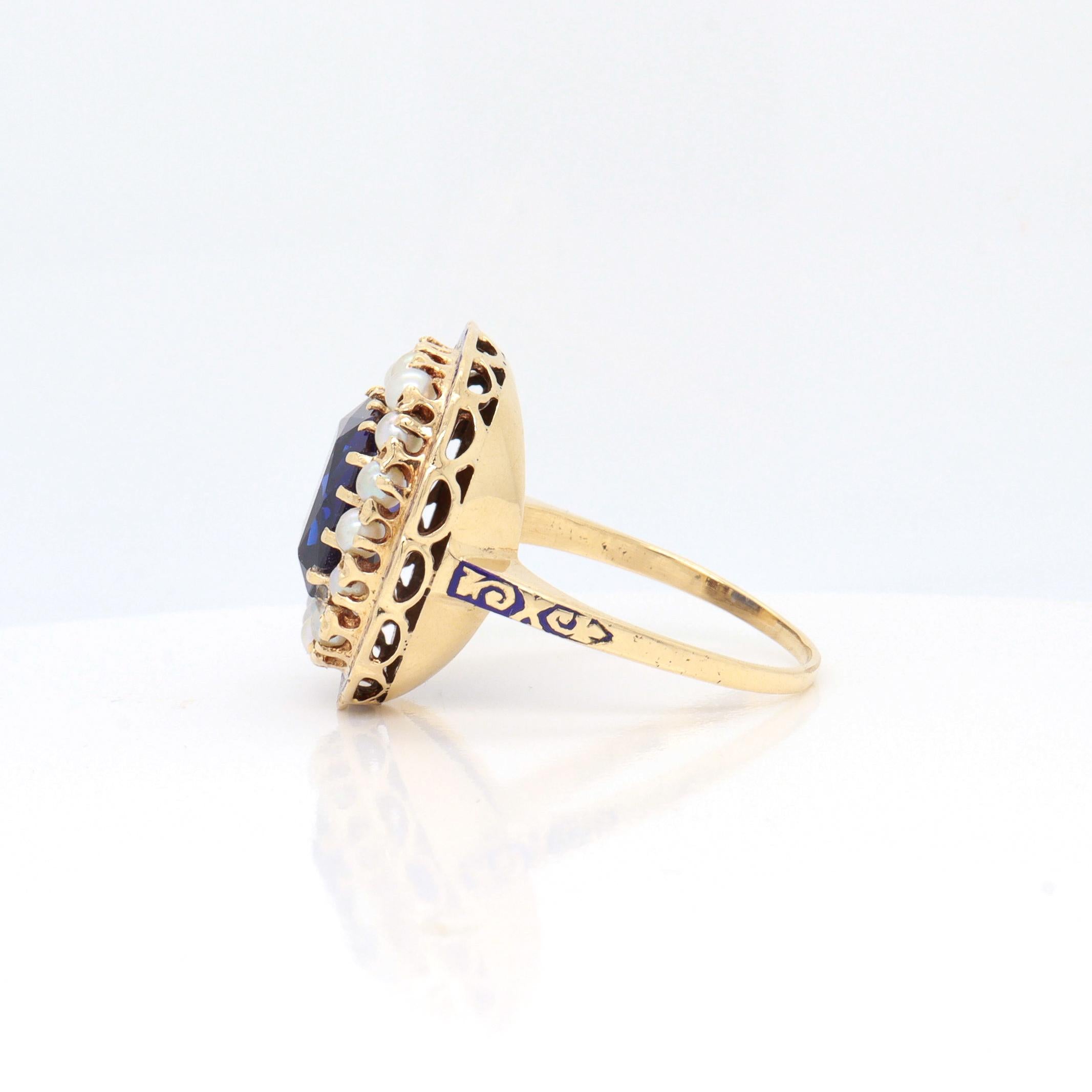 Victorian Style 14K Yellow Gold, Enamel, Sapphire, and Pearl Cocktail Ring im Angebot 1