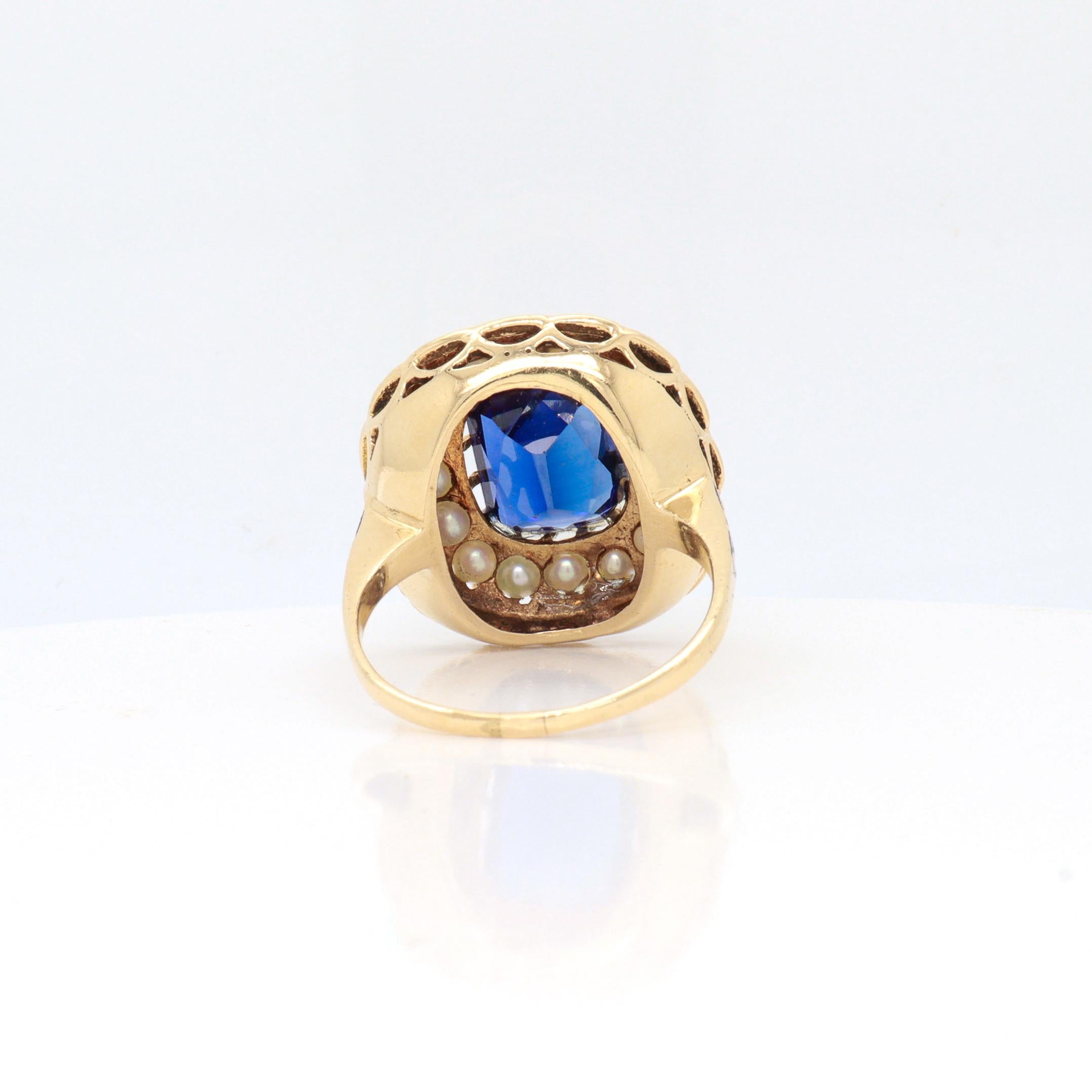 Victorian Style 14K Yellow Gold, Enamel, Sapphire, and Pearl Cocktail Ring im Angebot 2