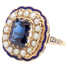 Victorian Style 14K Yellow Gold, Enamel, Sapphire, and Pearl Cocktail Ring