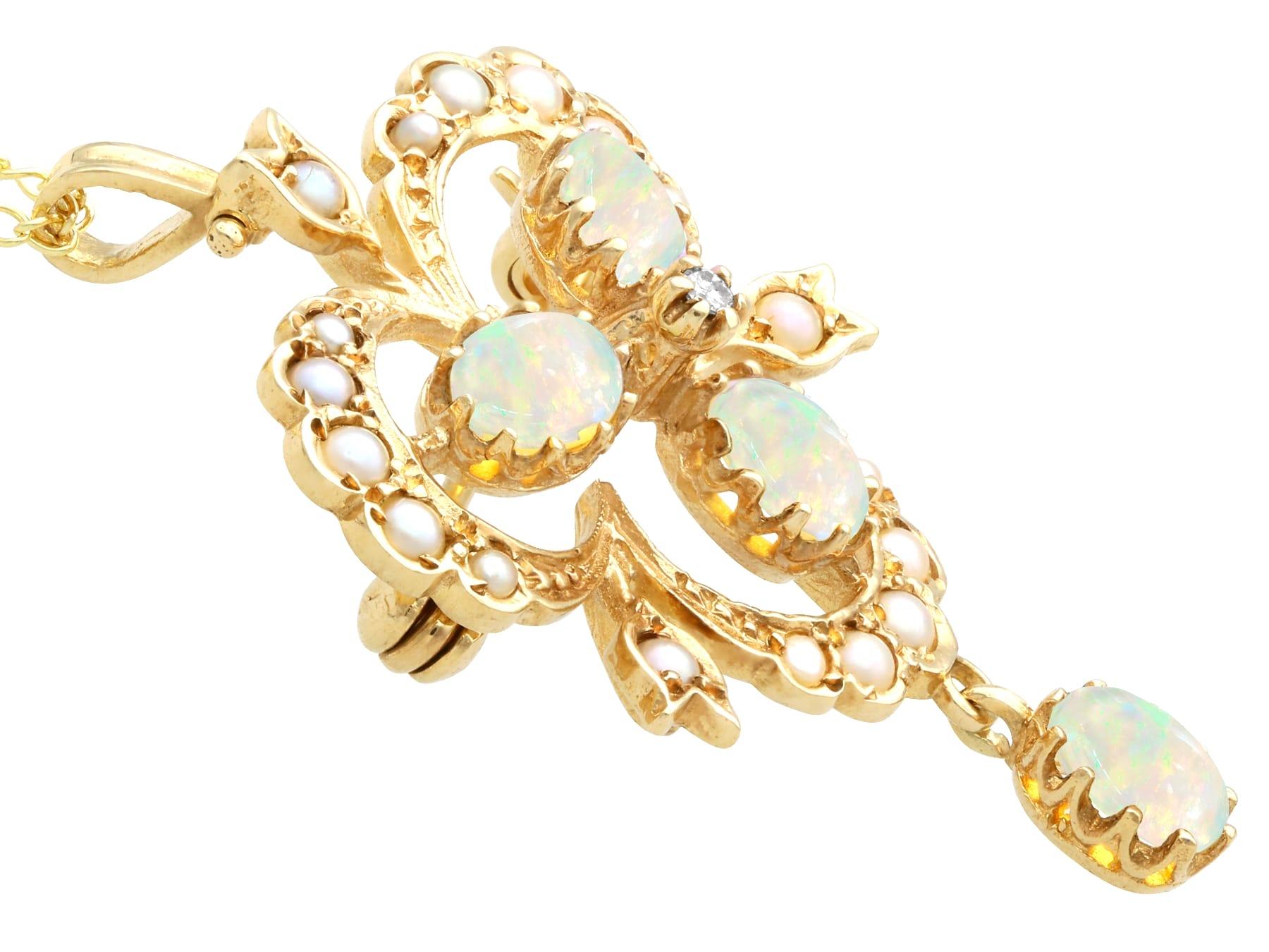 Victorian Style 1.60Ct Opal Pearl and Diamond 9K Yellow Gold Pendant/Brooch For Sale 1