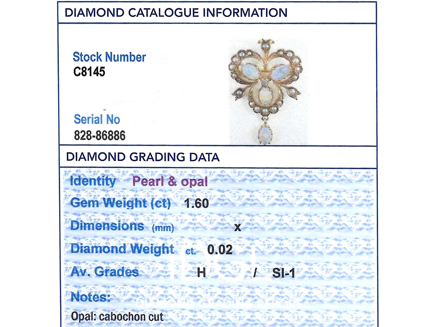 Pendentif/Broche de style victorien en or jaune 9 carats avec opale, perle et diamants de 1,60 carat en vente 4