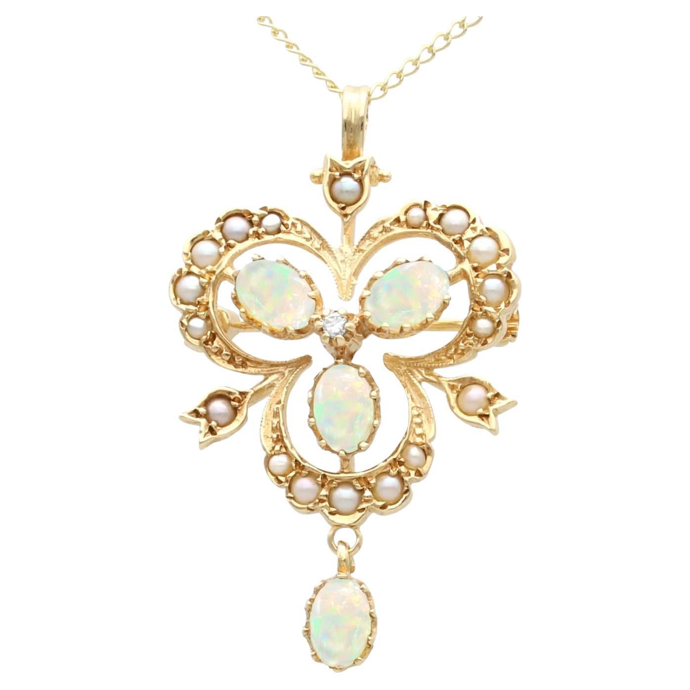 Pendentif/Broche de style victorien en or jaune 9 carats avec opale, perle et diamants de 1,60 carat