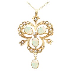 Pendentif/Broche de style victorien en or jaune 9 carats avec opale, perle et diamants de 1,60 carat