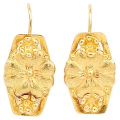 Vintage Victorian Style 18ct Yellow Gold Floral Pansy Plaque Earrings