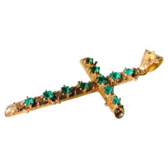Victorian Style 18K Gold Colombian Emeralds Cross Pendant