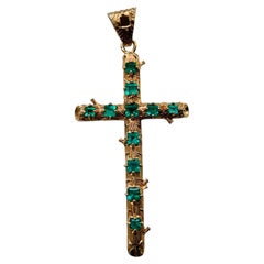 Victorian Style 18K Gold Colombian Emeralds Cross Pendant