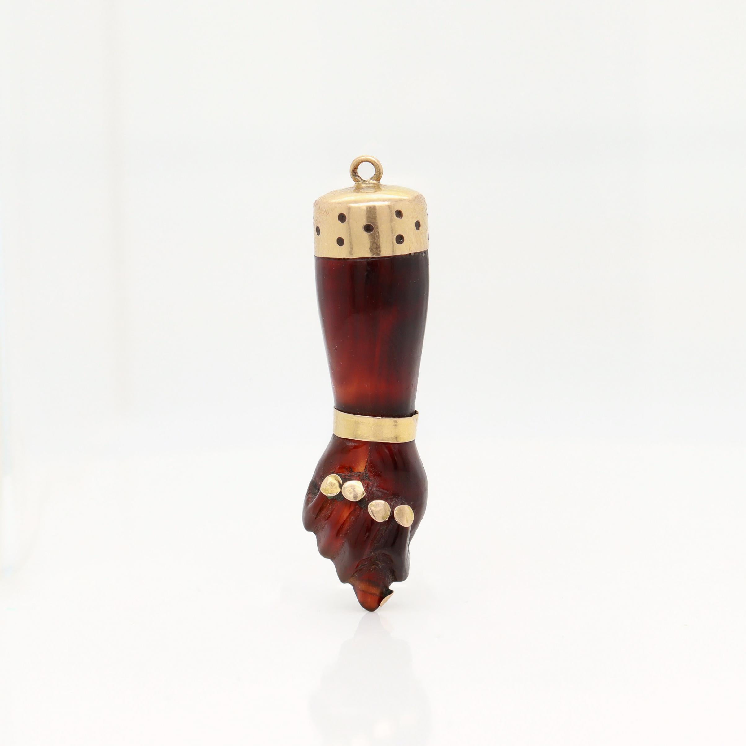 Women's or Men's Victorian Style 18K Gold Mounted Figa Sign / Mano Fica Pendant or Charm For Sale