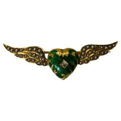 Antique Victorian Style 18K Yellow Gold Diamond Winged Heart Brooch