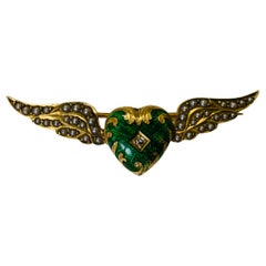 Broche cœur ailé de style victorien en or jaune 18 carats et diamants