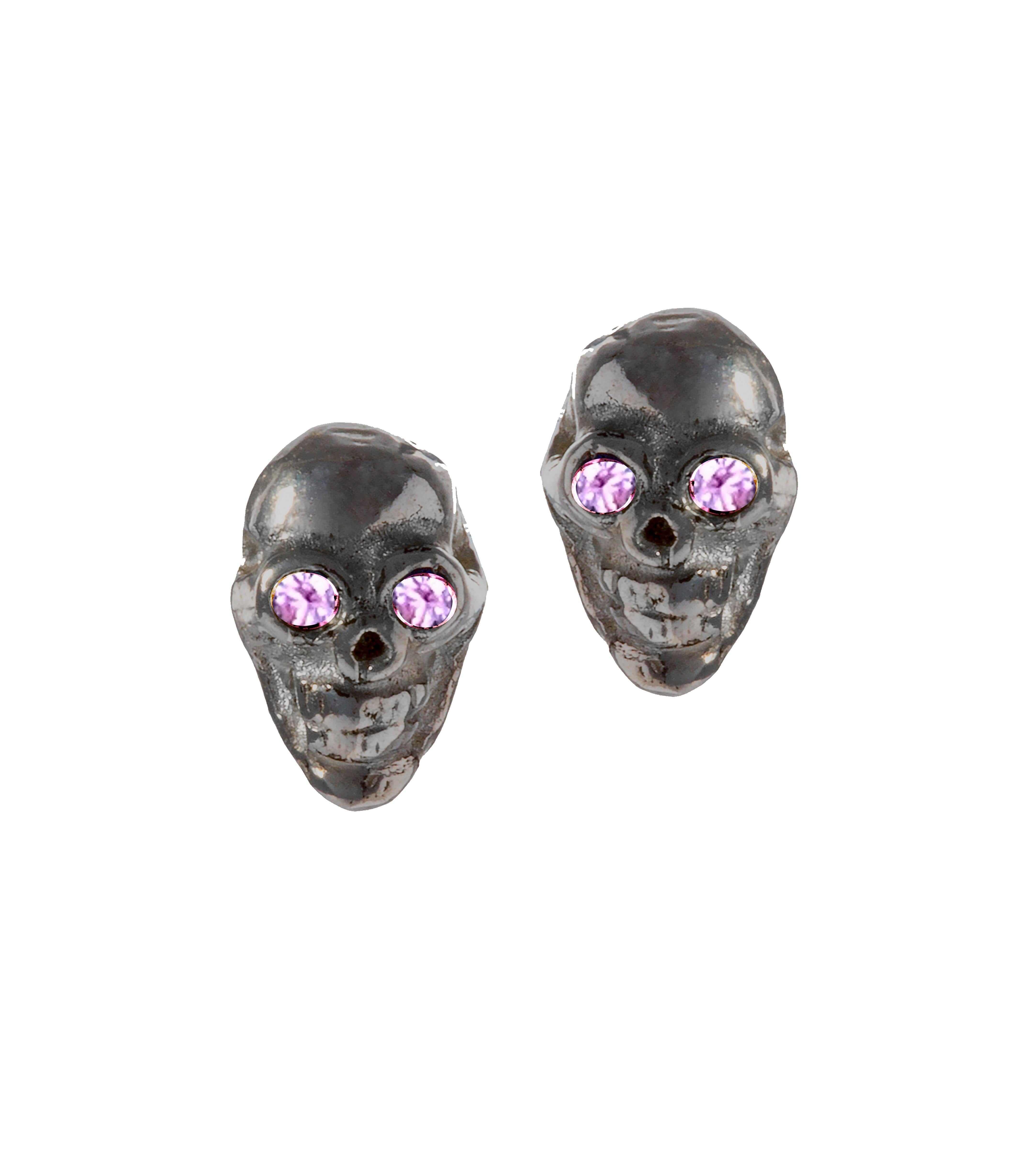 Victorian Style 18kt Gold Black Rhodium Pink Sapphire Eyes Skull Stud Earrings For Sale 2