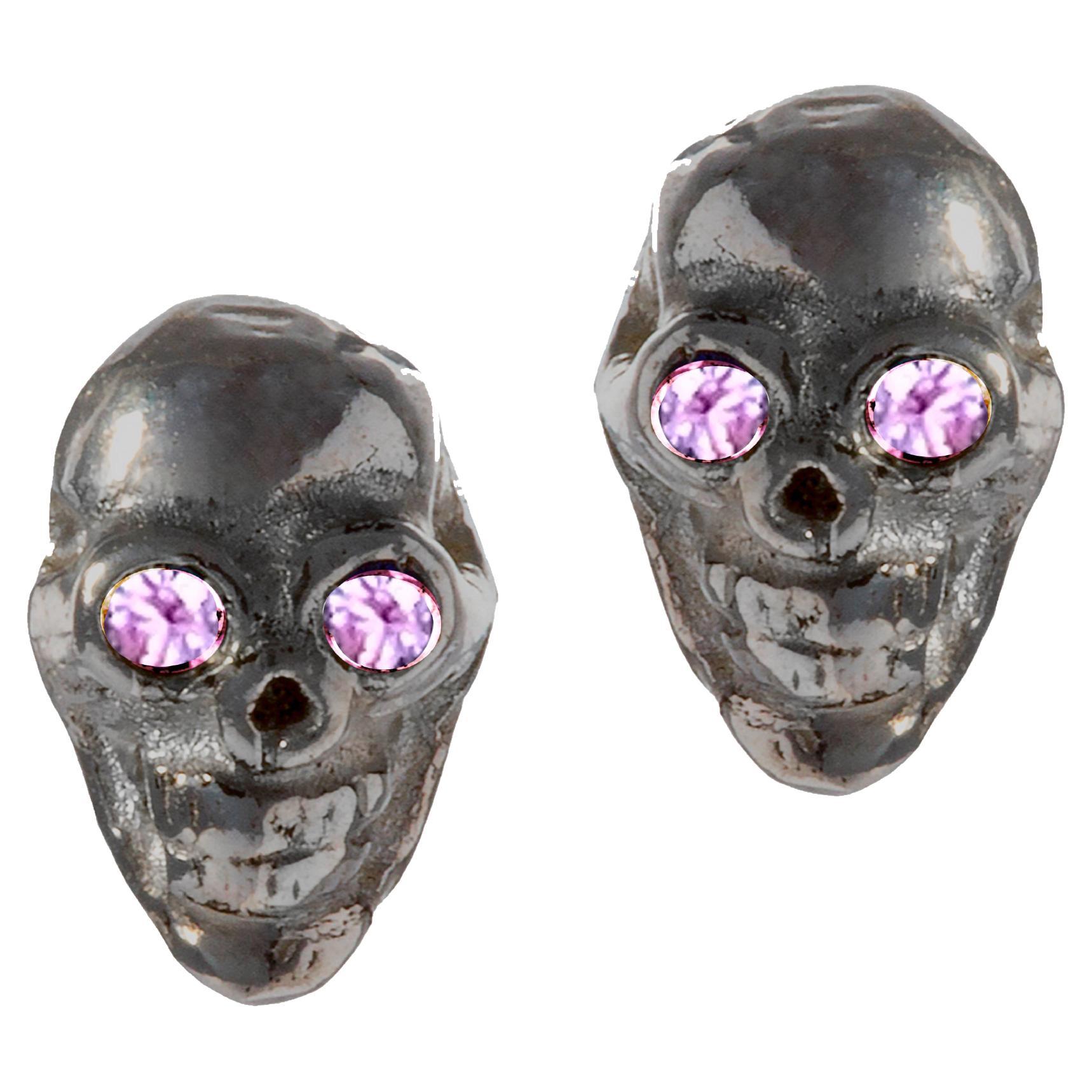 Victorian Style 18kt Gold Black Rhodium Pink Sapphire Eyes Skull Stud Earrings For Sale