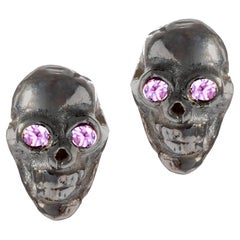 Victorian Style 18kt Gold Black Rhodium Pink Sapphire Eyes Skull Stud Earrings