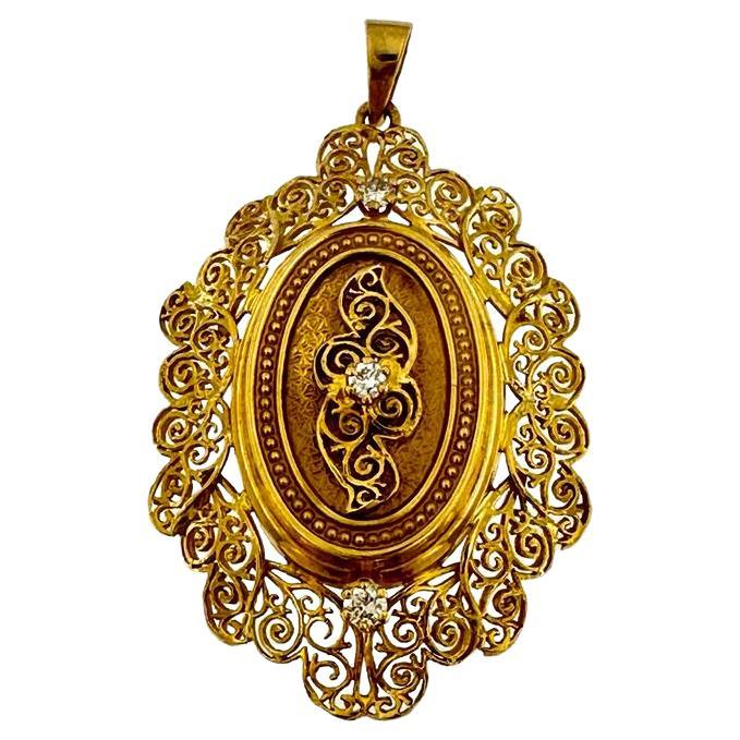 Victorian Style 18 Karat Yellow Gold Hand-Chiselled French Pendant with Diamonds For Sale
