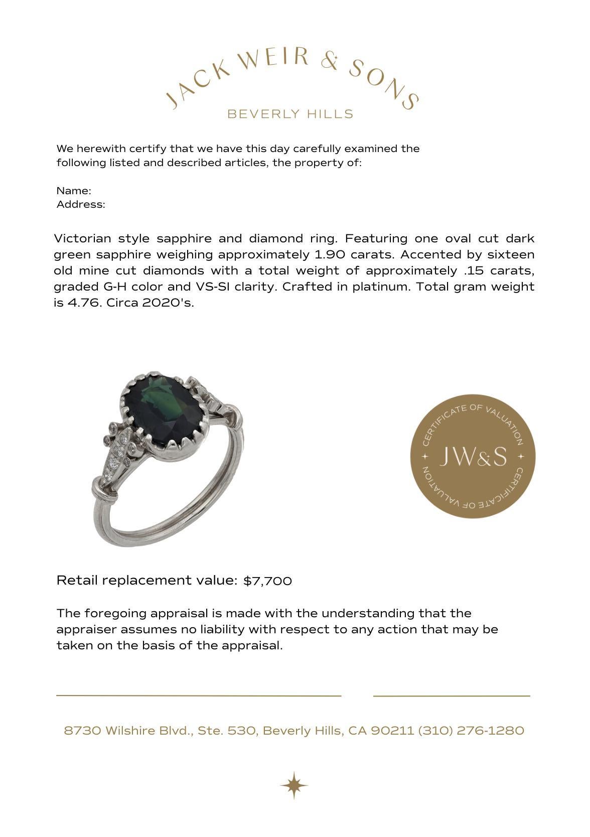Verlobungsring im viktorianischen Stil mit 1,90 Karat grünem Saphir und Diamant aus Platin Damen im Angebot