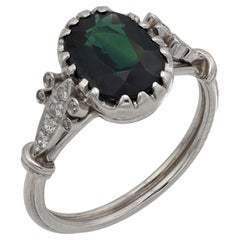 Victorian style 1.90 carat green sapphire diamond platinum engagement ring