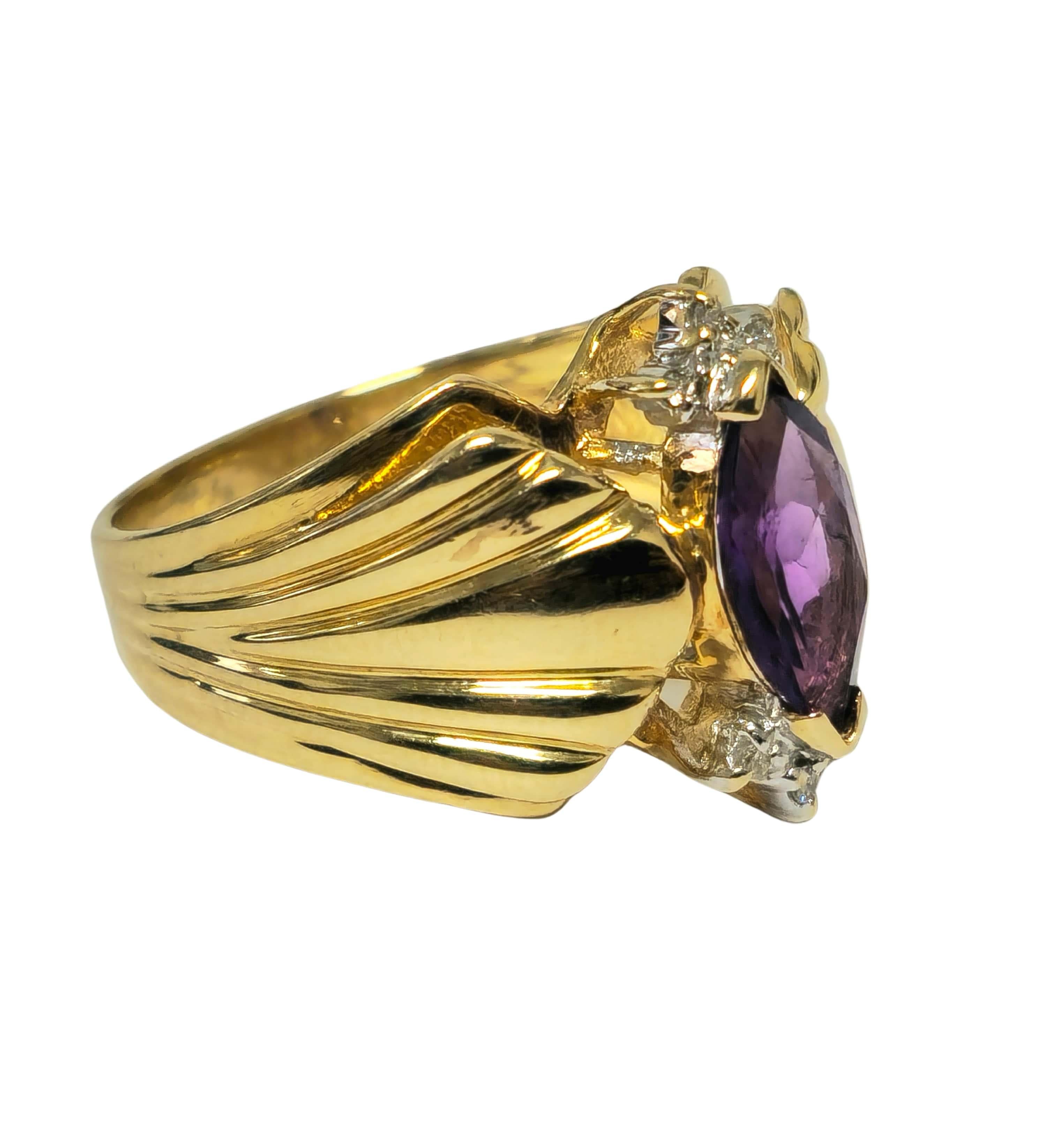 Elevate your style with our Vintage Victorian Fine Jewelry Cocktail Ring, featuring a captivating 2.30 carat marquise-shaped amethyst and 0.10 carats of round-cut diamonds. Crafted from luxurious 14k yellow gold, this ring exudes timeless elegance