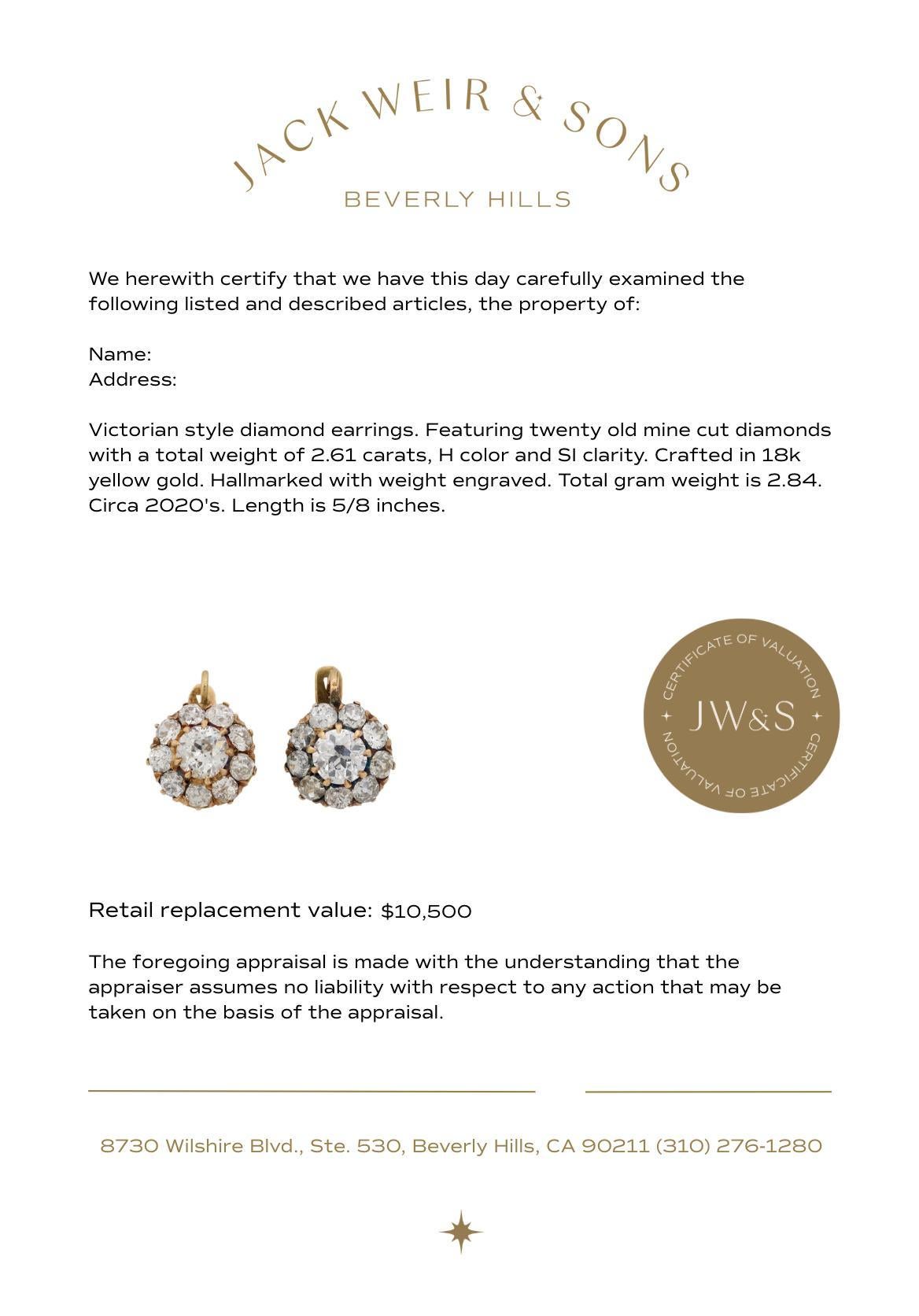 Boucles d'oreilles de style victorien en or jaune 18 carats et diamants de 2,61 carats Bon état - En vente à Beverly Hills, CA