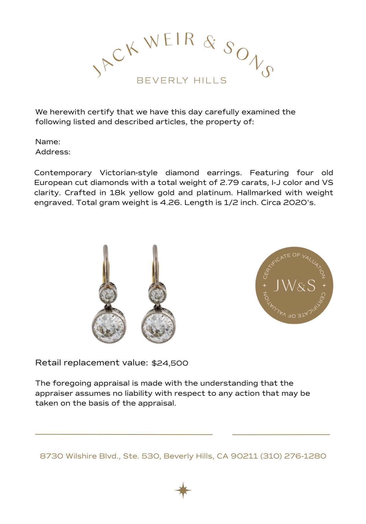 Ohrringe im viktorianischen Stil mit 2,79 Karat Diamanten aus Platin und 18 Karat Gelbgold (Alteuropäischer Schliff) im Angebot