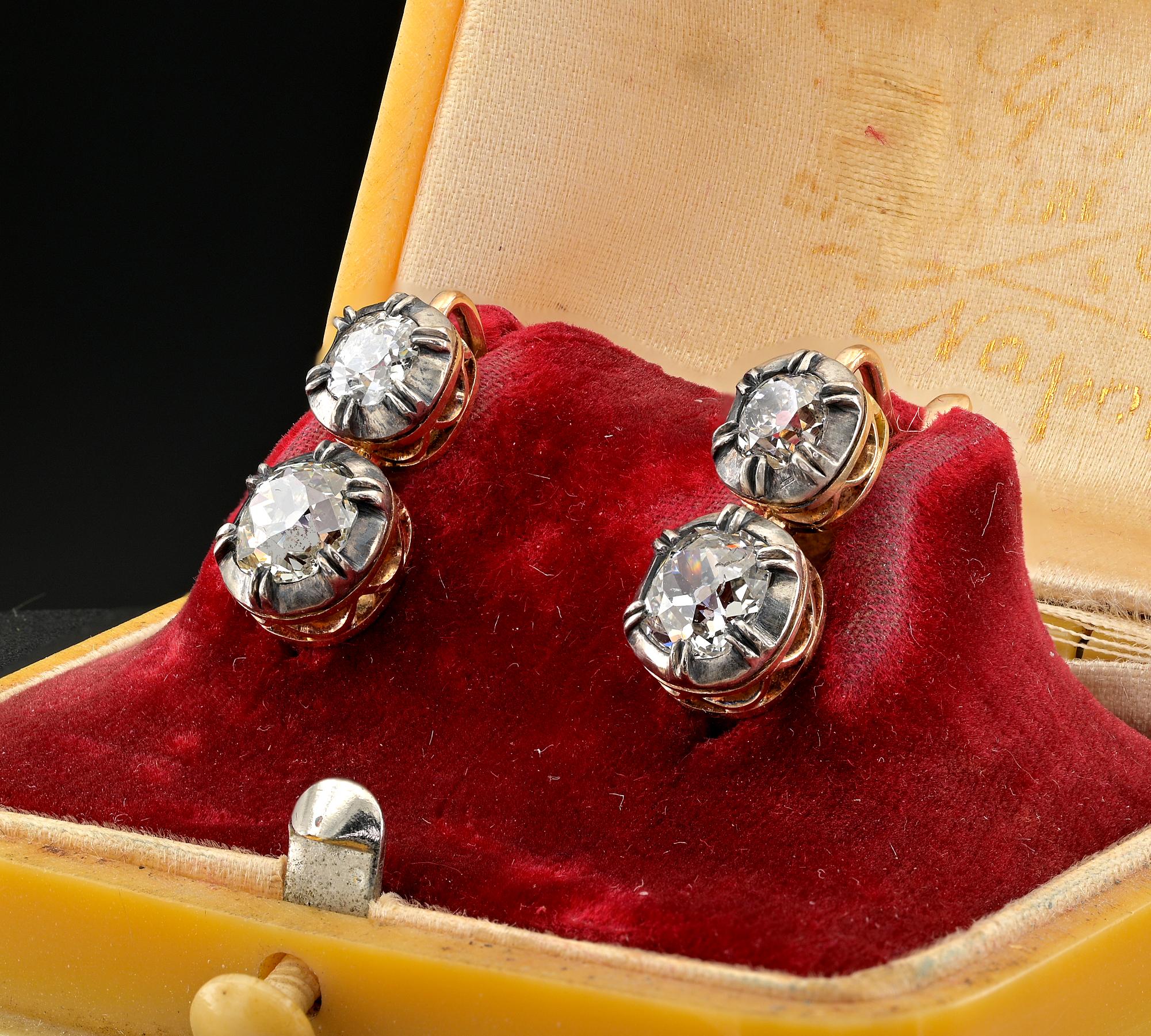 da uomo o donna Orecchini solitari gemelli con diamante Mine da 3,00 ct in stile vittoriano in vendita