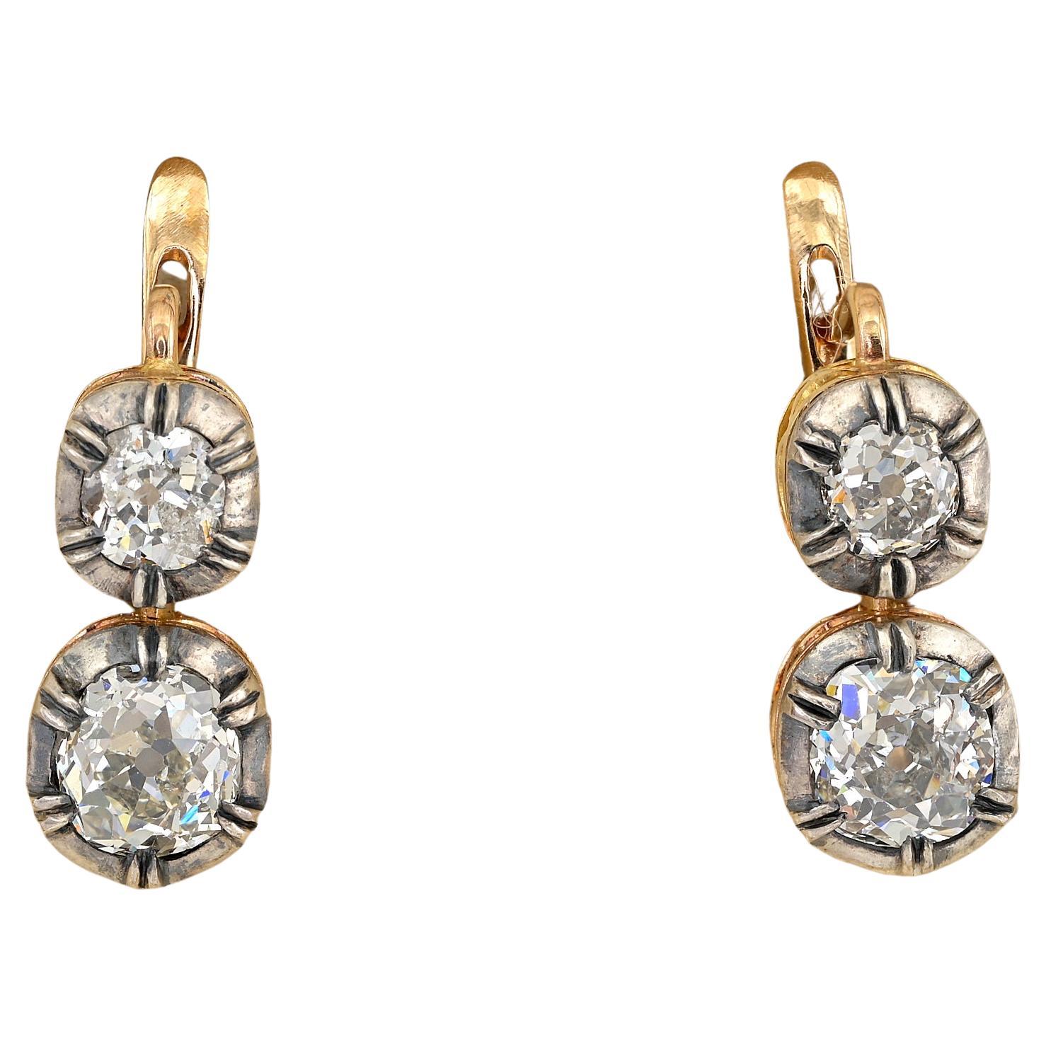 Victorian Style 3.00 Ct Mine Diamond Twin Solitaire Earrings For Sale