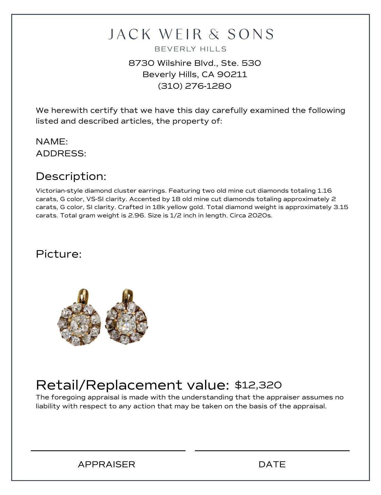 Taille vieille mine Boucles d'oreilles de style victorien en or jaune 18 carats avec diamants d'un poids total de 3,15 carats en vente