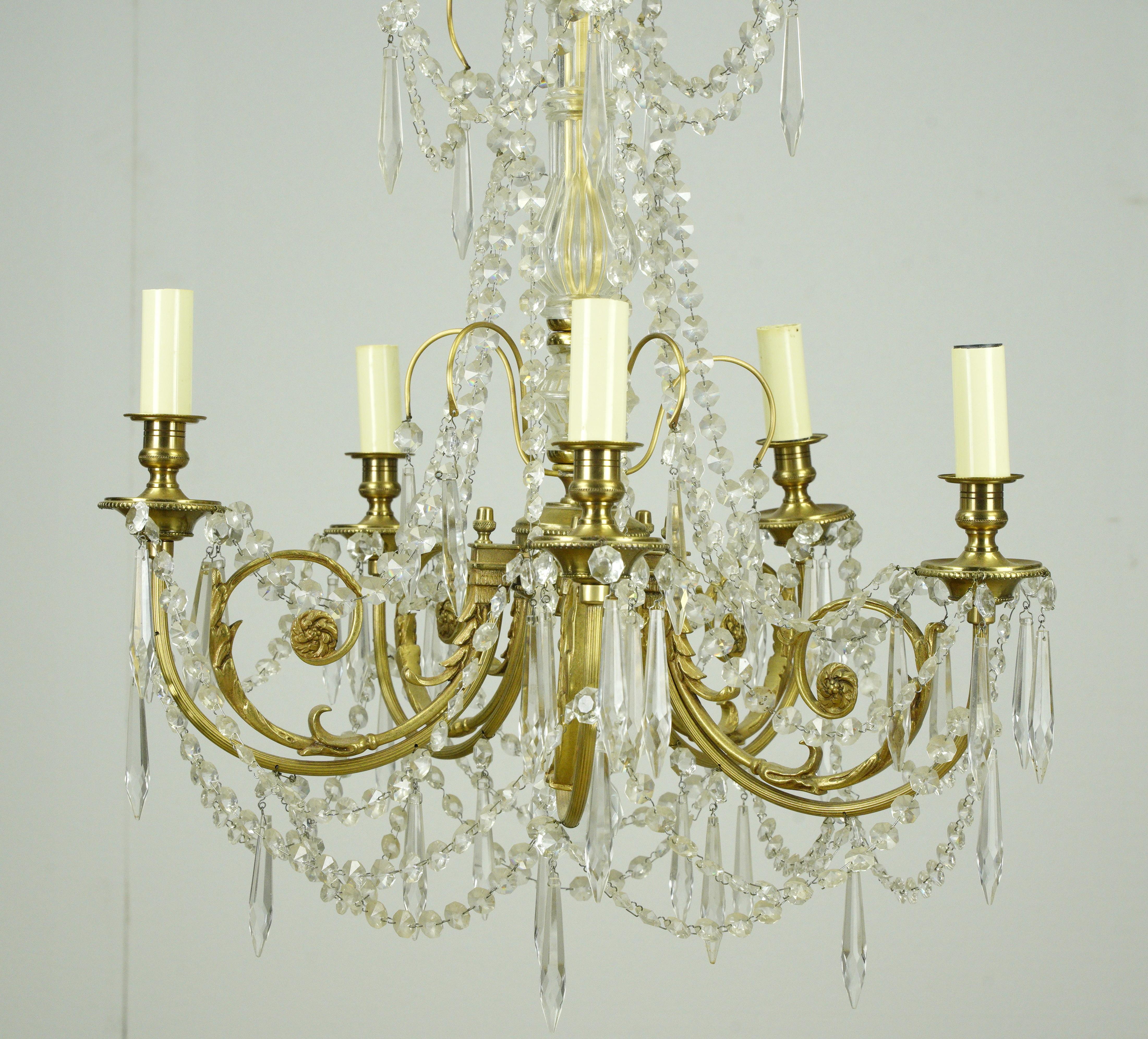 Victorian Style 5 Arm Brass Draped Icicle Crystal Chandelier In Good Condition For Sale In New York, NY