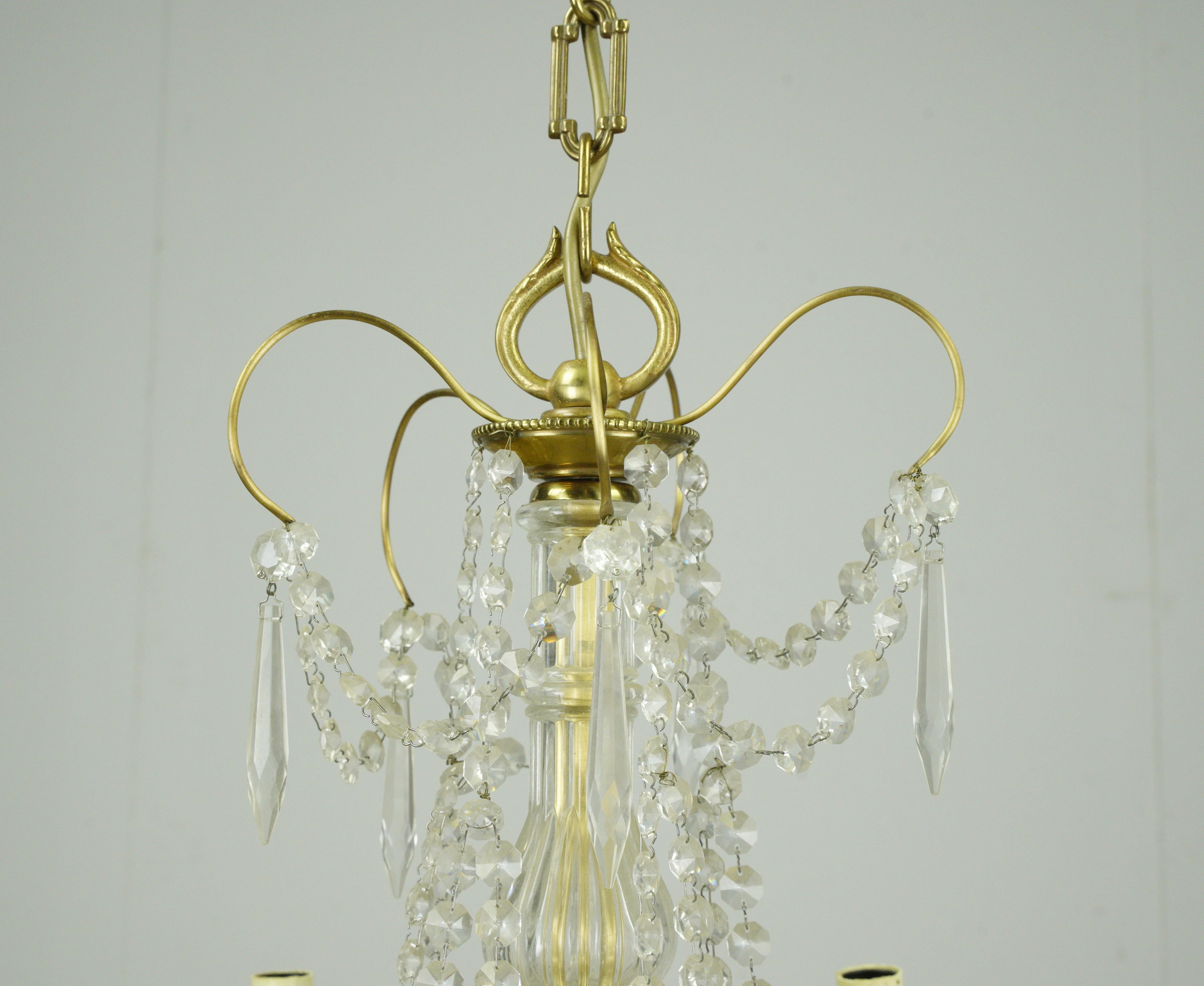 20th Century Victorian Style 5 Arm Brass Draped Icicle Crystal Chandelier For Sale