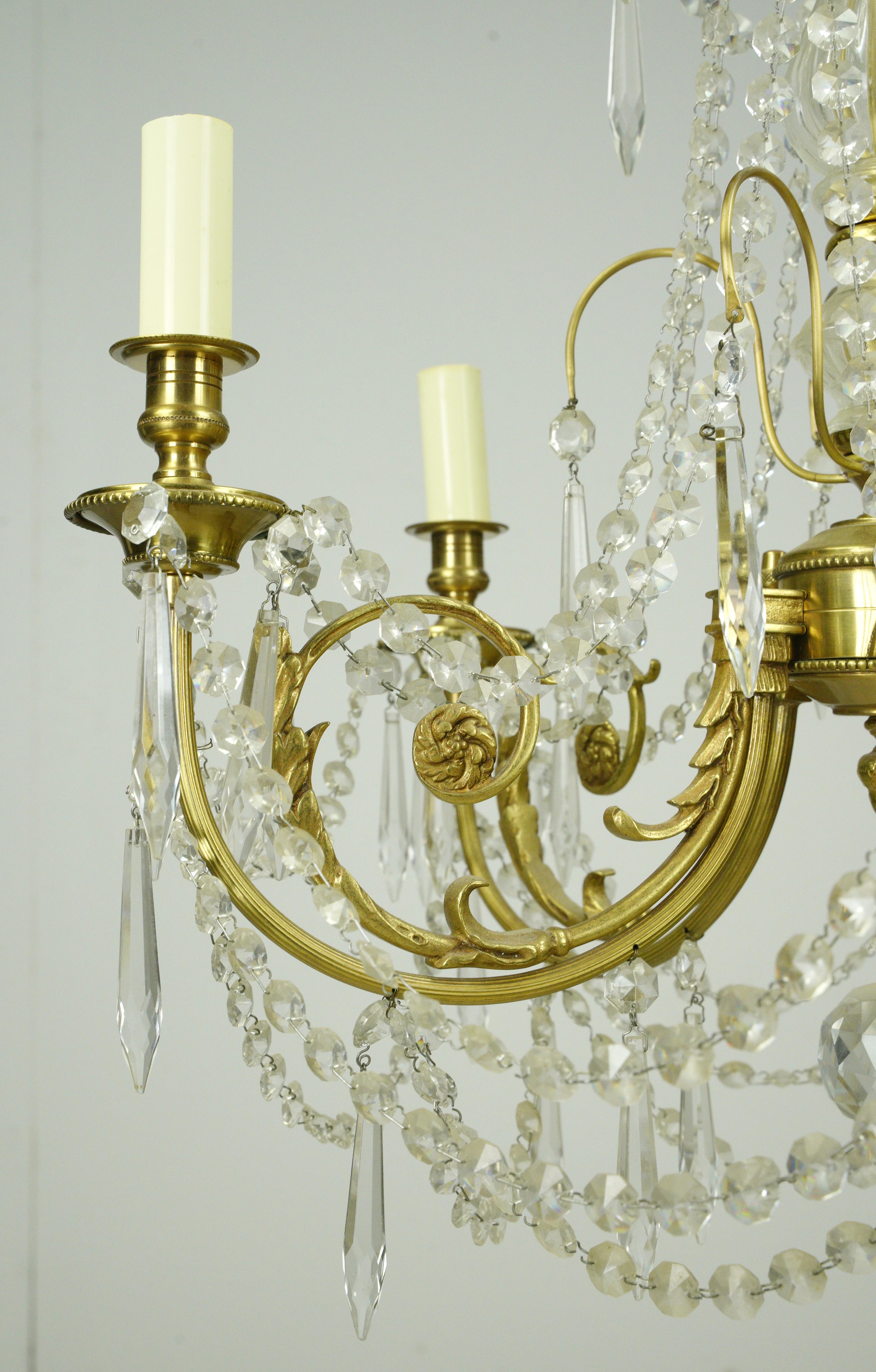 Victorian Style 5 Arm Brass Draped Icicle Crystal Chandelier For Sale 4