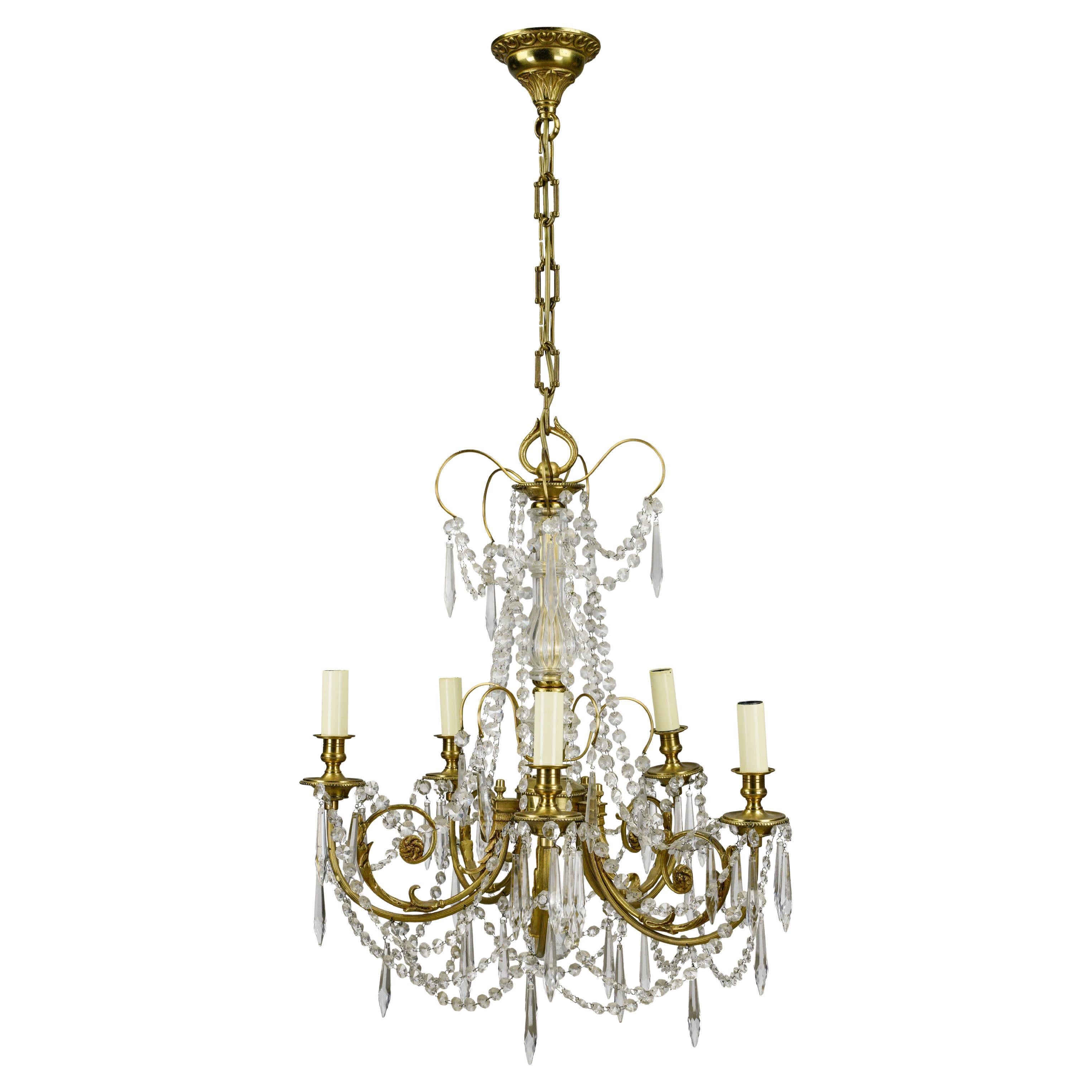Victorian Style 5 Arm Brass Draped Icicle Crystal Chandelier
