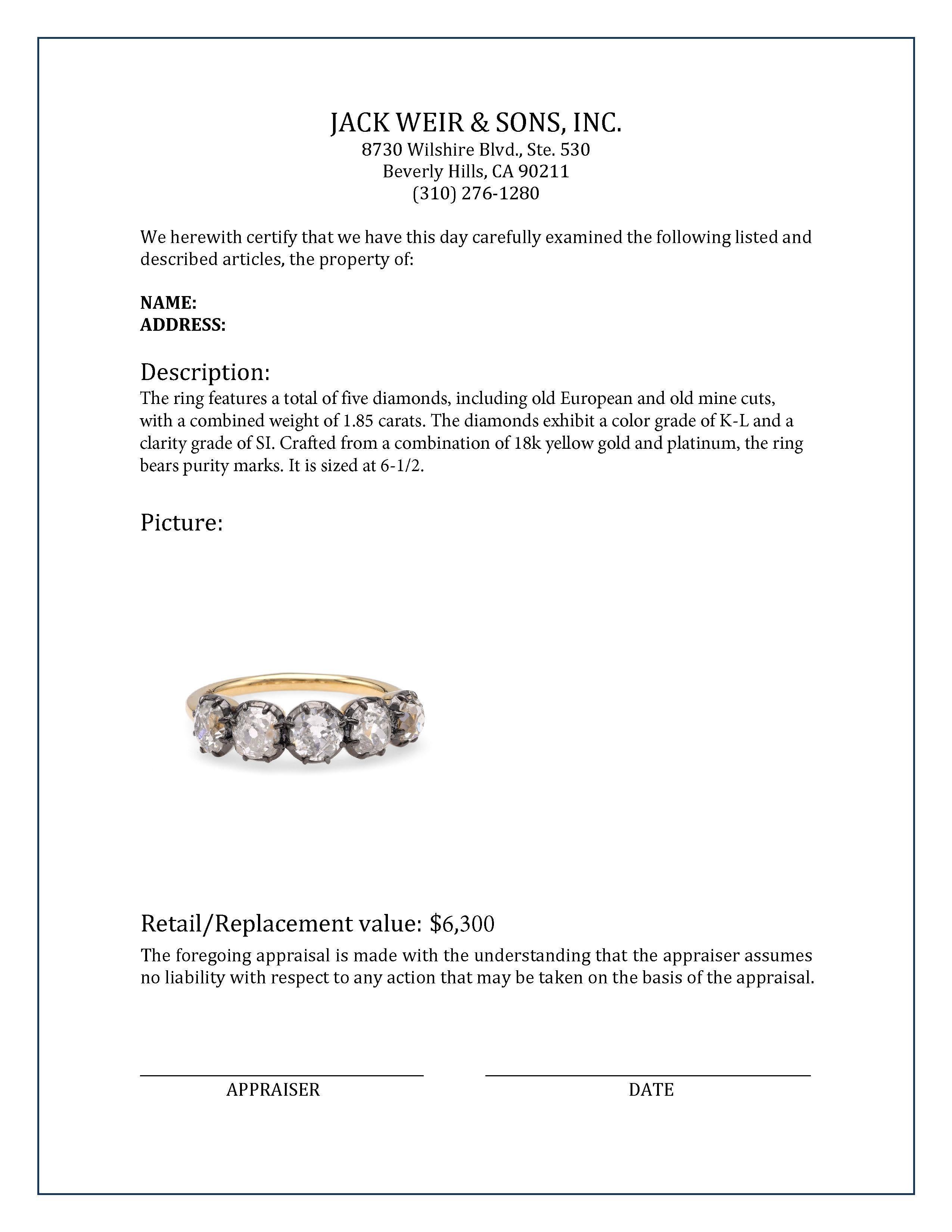 Victorian Style 5 Stone Diamond Gold & Platinum Wedding Band In Excellent Condition For Sale In Beverly Hills, CA