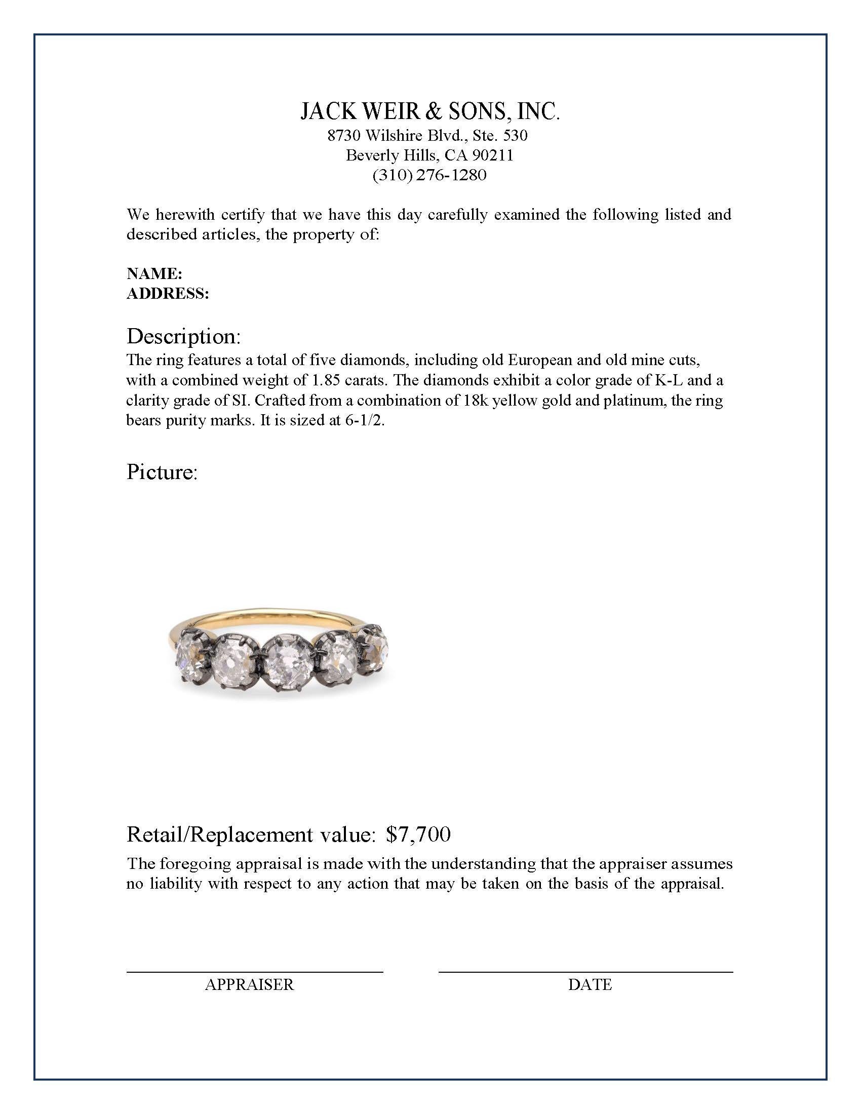 Victorian Style 5 Stone Diamond Gold & Platinum Wedding Band In Excellent Condition In Beverly Hills, CA