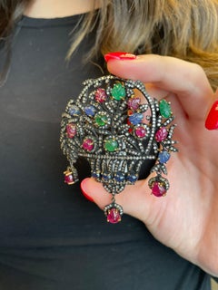 Victorian Style 7.55ct Diamonds, Ruby, Sapphire, & Emerald Brooch Silver & Gold
