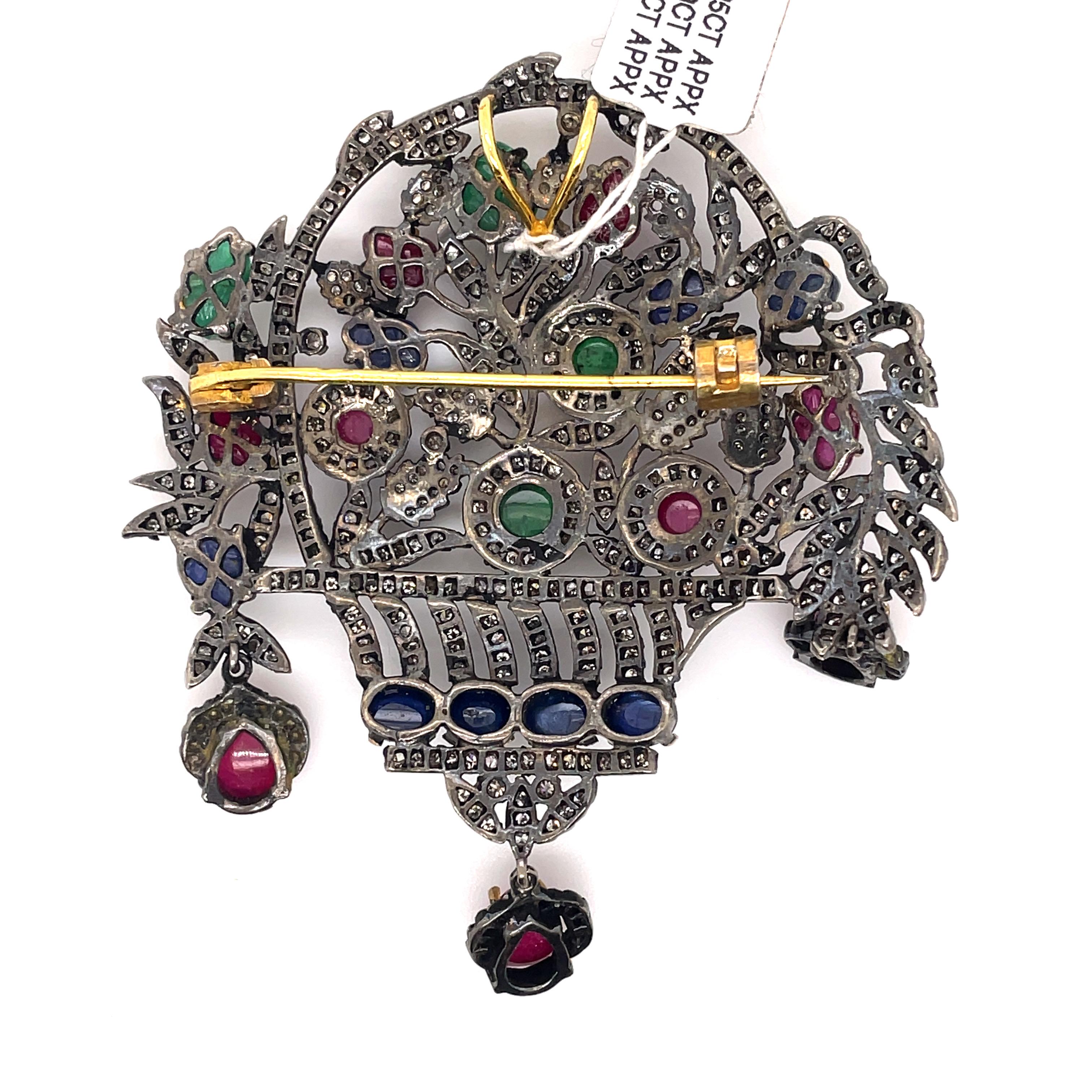 Rose Cut Victorian Style 7.55ct Diamonds, Ruby, Sapphire, & Emerald Brooch Silver & Gold For Sale
