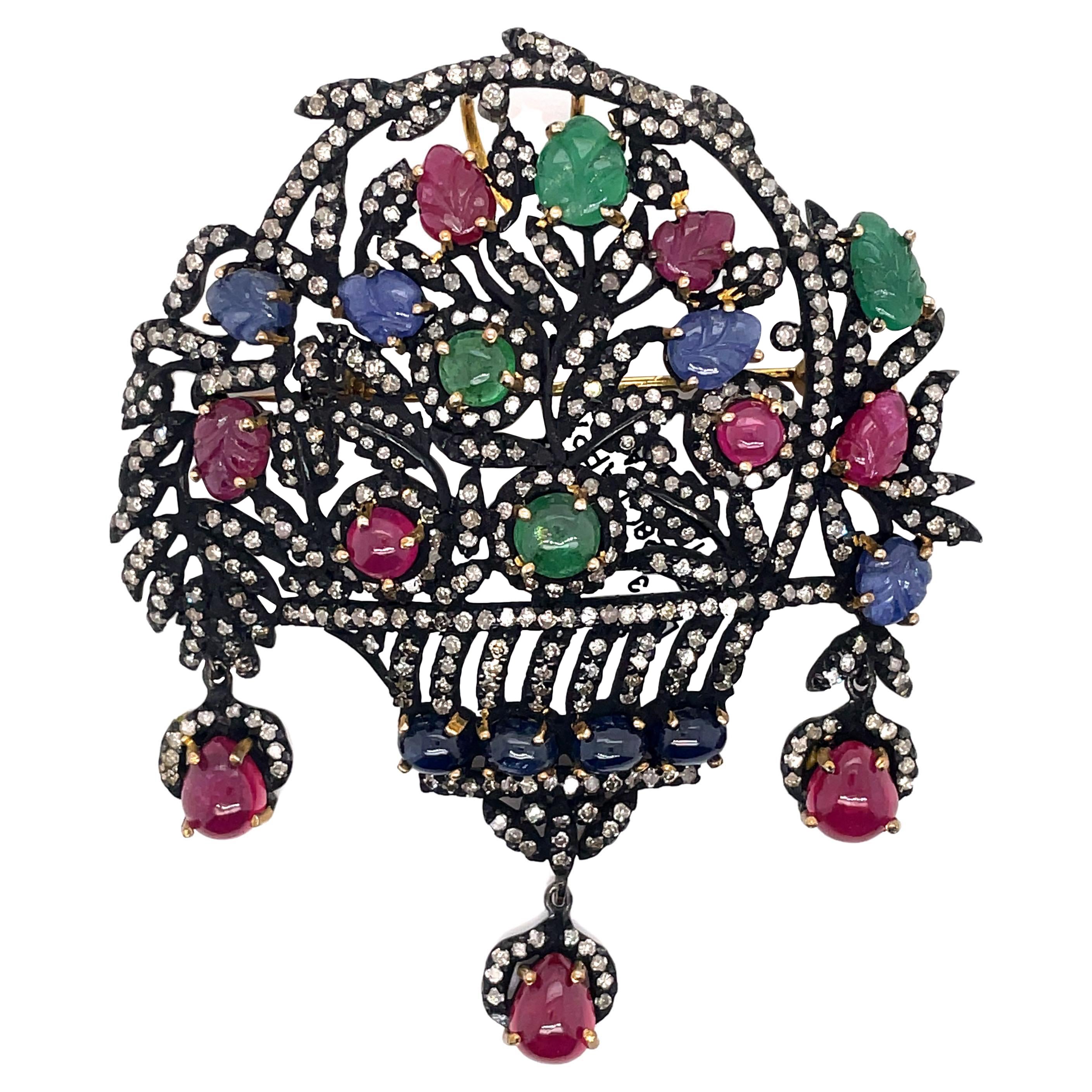 Victorian Style 7.55ct Diamonds, Ruby, Sapphire, & Emerald Brooch Silver & Gold For Sale