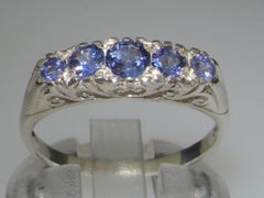 Victorian Style 9k White Gold Natural Tanzanite Womens Band Ring, Customizable