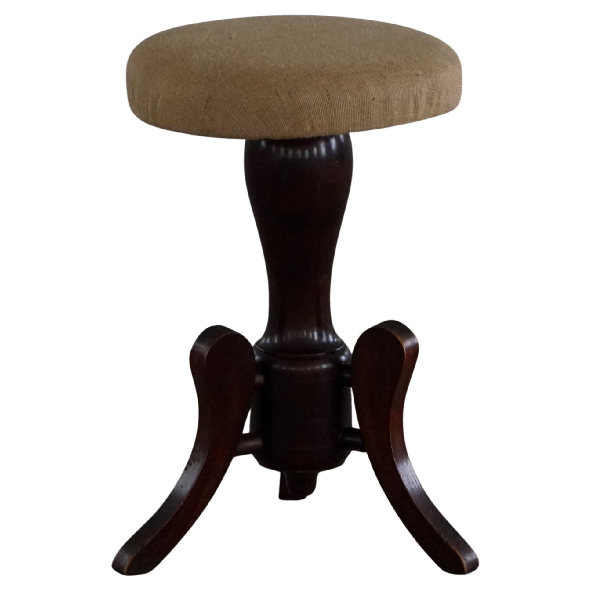 Victorian-Style Adjustable Piano Stool with Hessian Seat, Early 20th Century For Sale