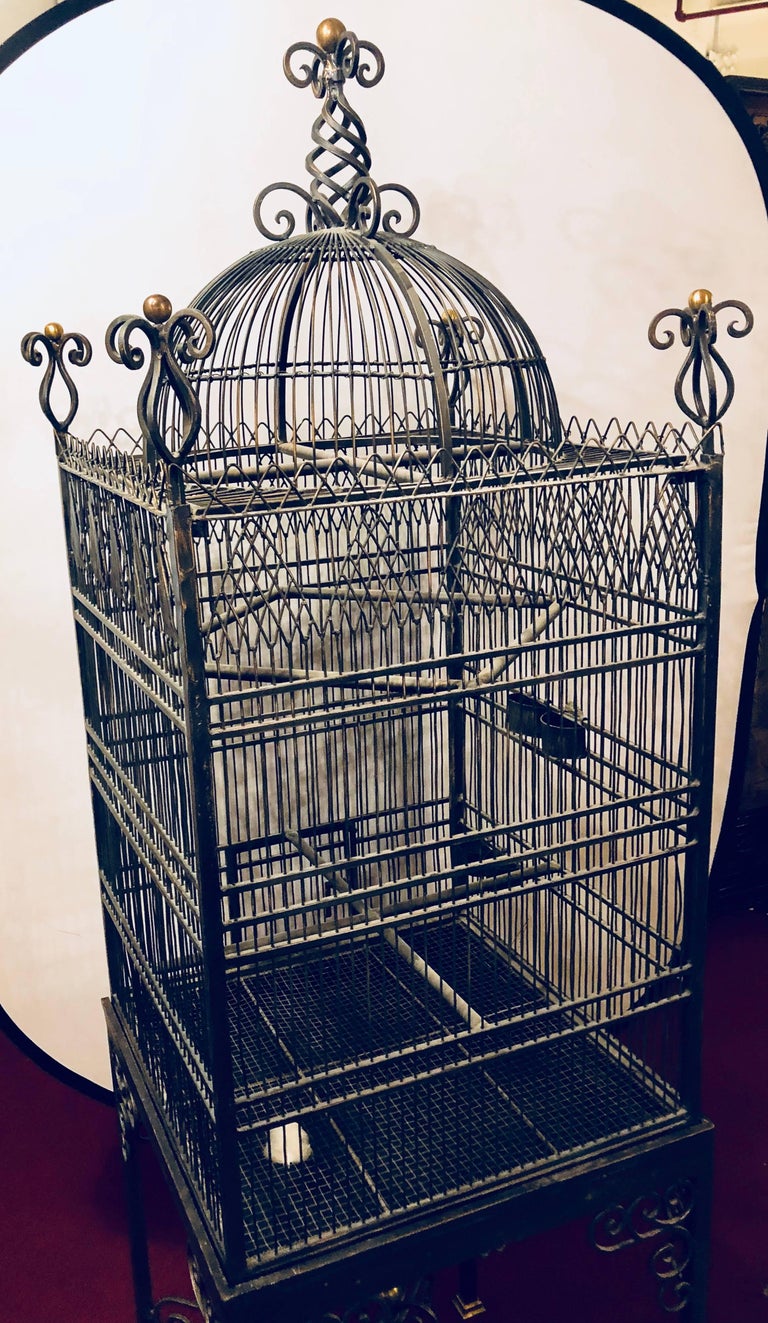Victorian Style Antique Solid Brass Ebony Painted Monumental Bird Cage