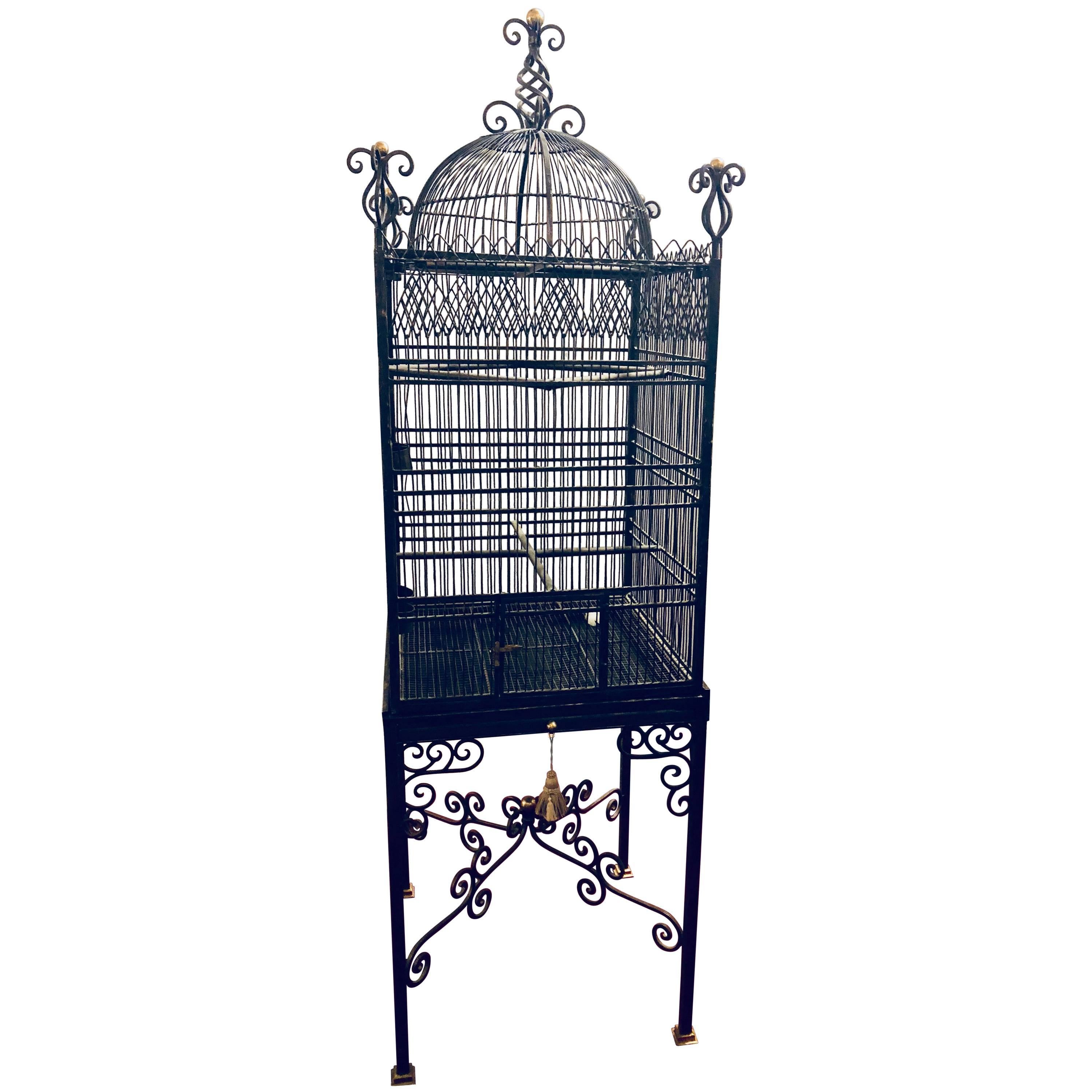 Victorian Style Antique Solid Brass Ebony Painted Monumental Bird Cage