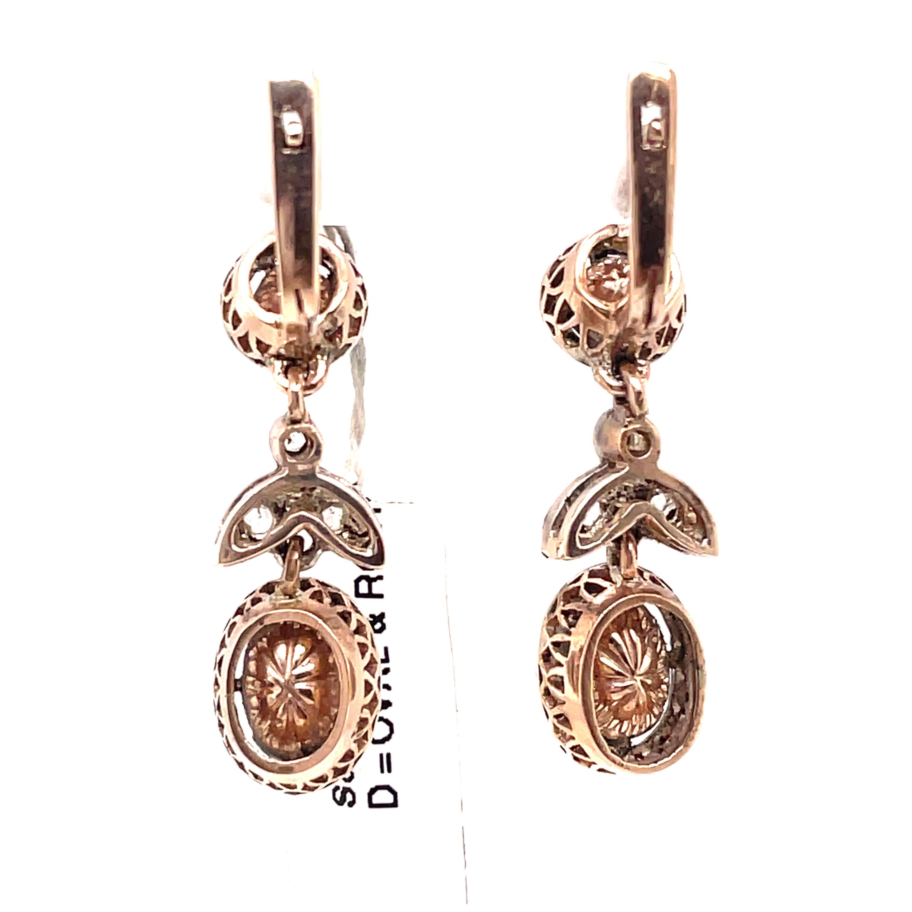 Victorian Style Apx 4ct Oval & Round Rose Cut Diamond Drop Earrings In Good Condition For Sale In BEVERLY HILLS, CA