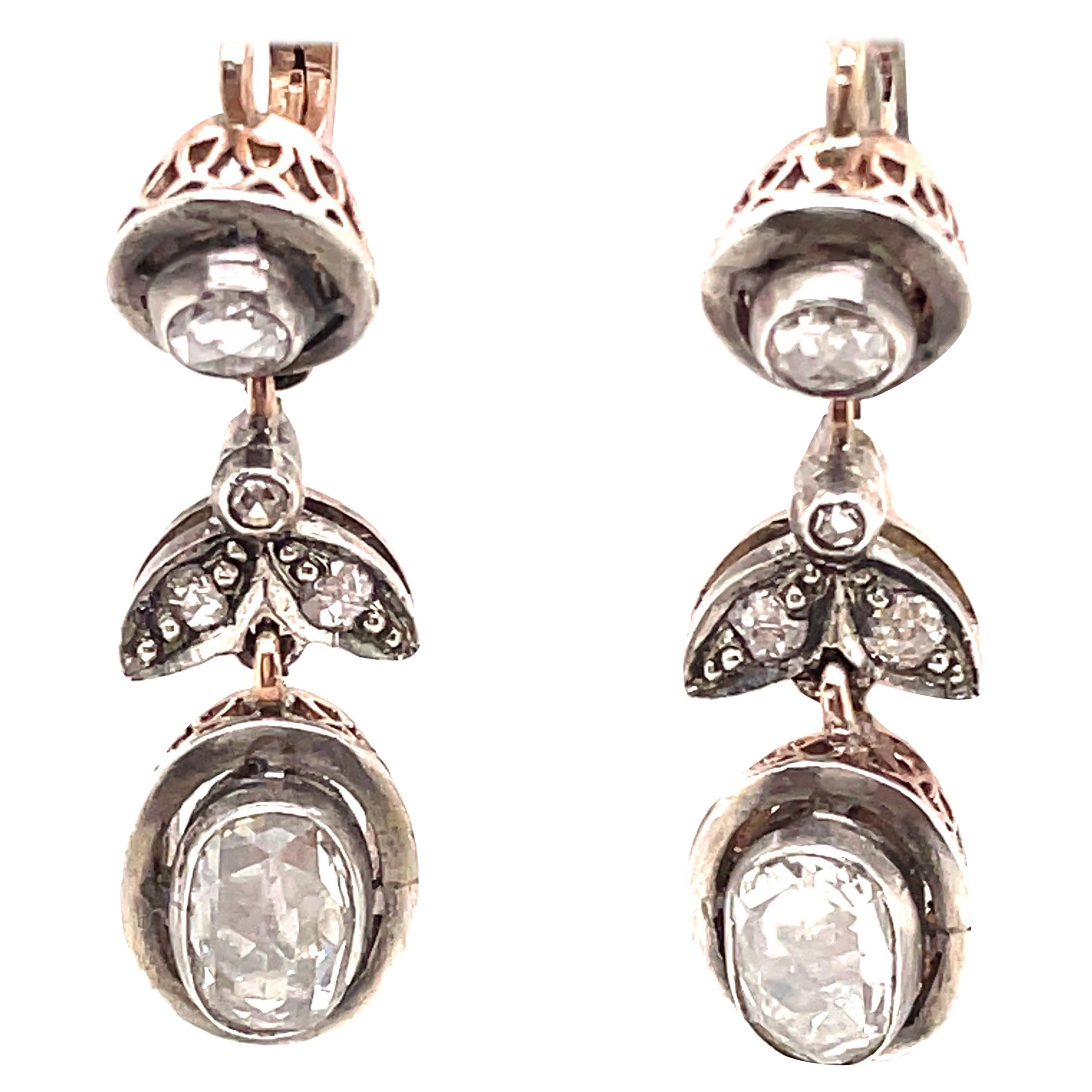 Victorian Style Apx 4ct Oval & Round Rose Cut Diamond Drop Earrings For Sale