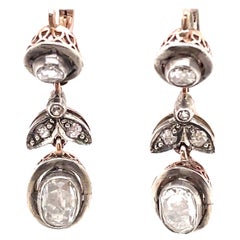 Retro Victorian Style Apx 4ct Oval & Round Rose Cut Diamond Drop Earrings