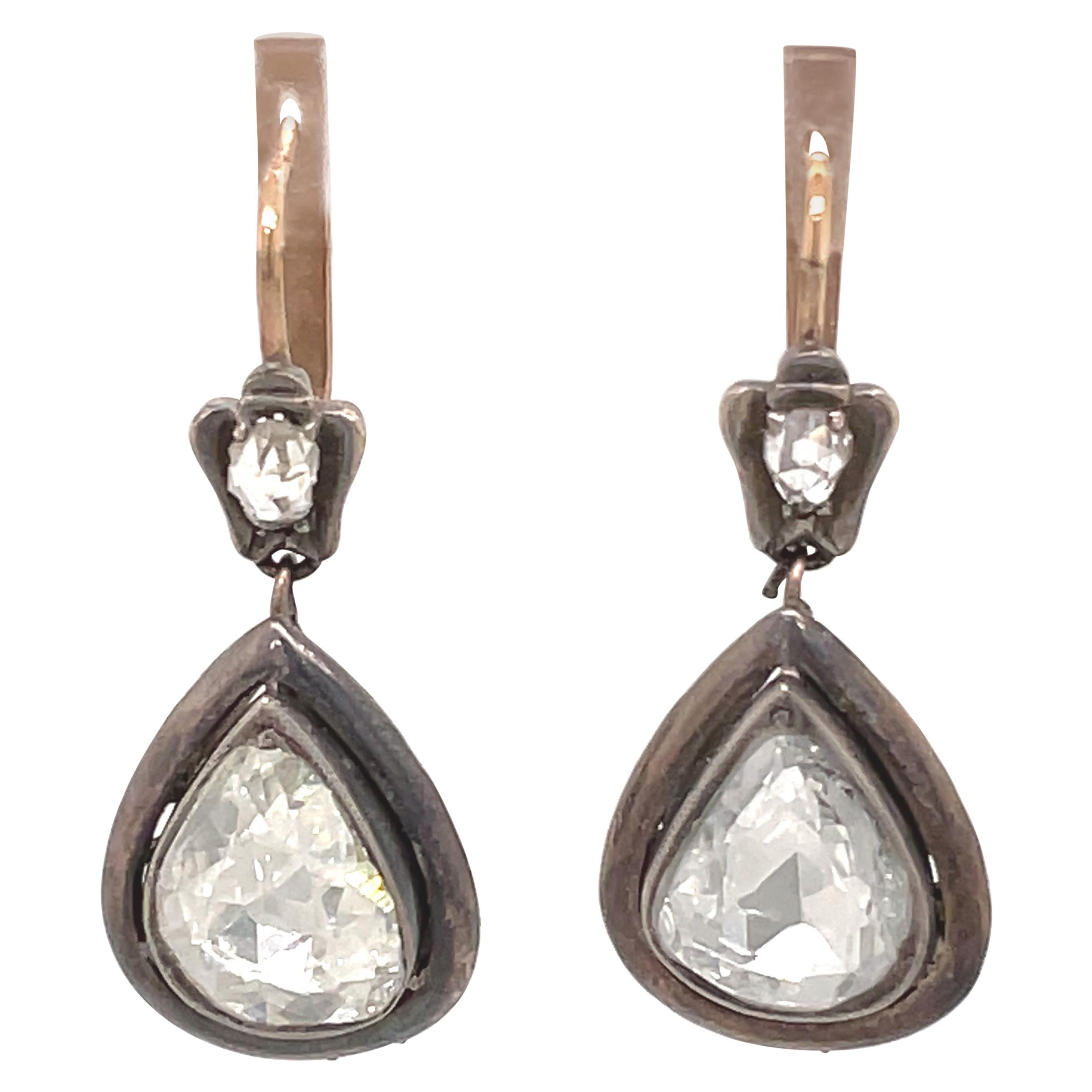 Victorian Style Apx 5ct Pear Rose Cut Diamond Drop Earrings For Sale