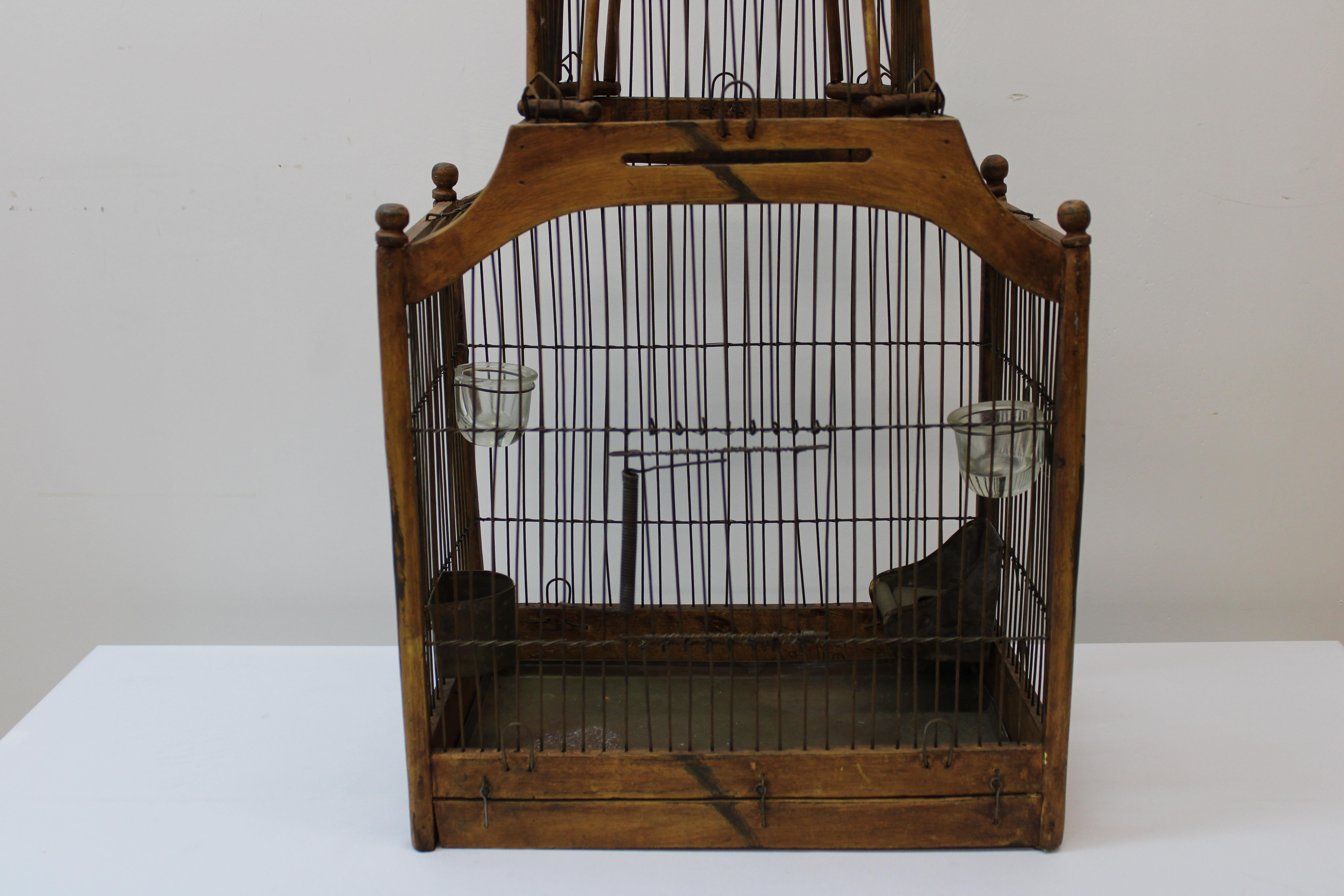 Victorian Style Architectural Done Top Wood Bird Cage In Good Condition For Sale In San Francisco, CA