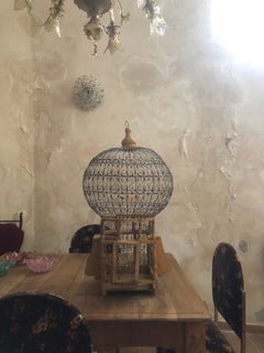 Victorian Style Balloon Birdcage in Mahogany Wrought Iron and Brass