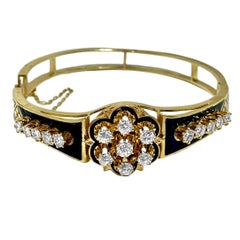 Victorian Style Bangle in 14K Yellow Gold with Diamonds and Blue Enamel Accents