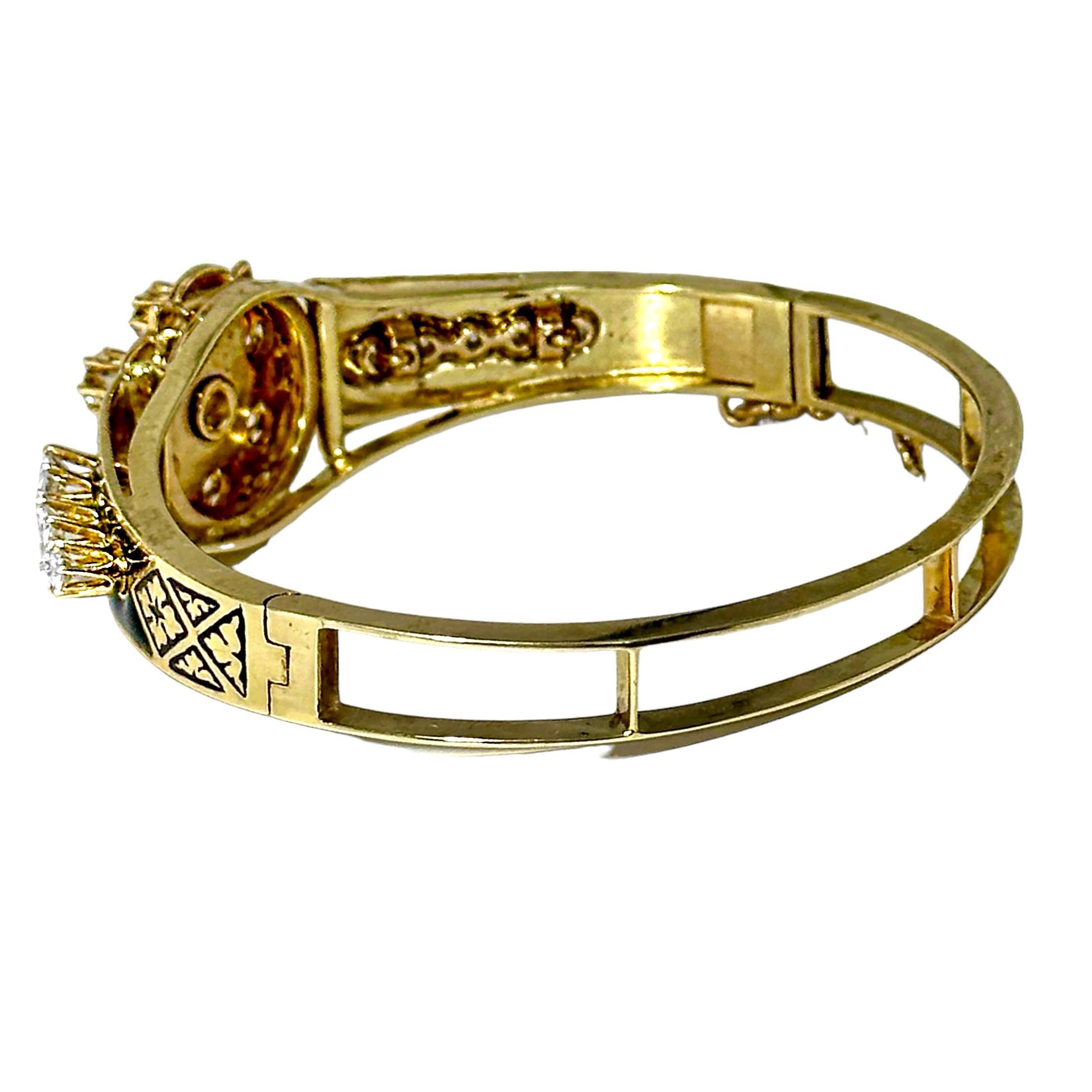 Viktorianischer Armreif im viktorianischen Stil aus 14 Karat Gelbgold mit Diamanten und blauen Emaille-Akzenten Damen im Angebot