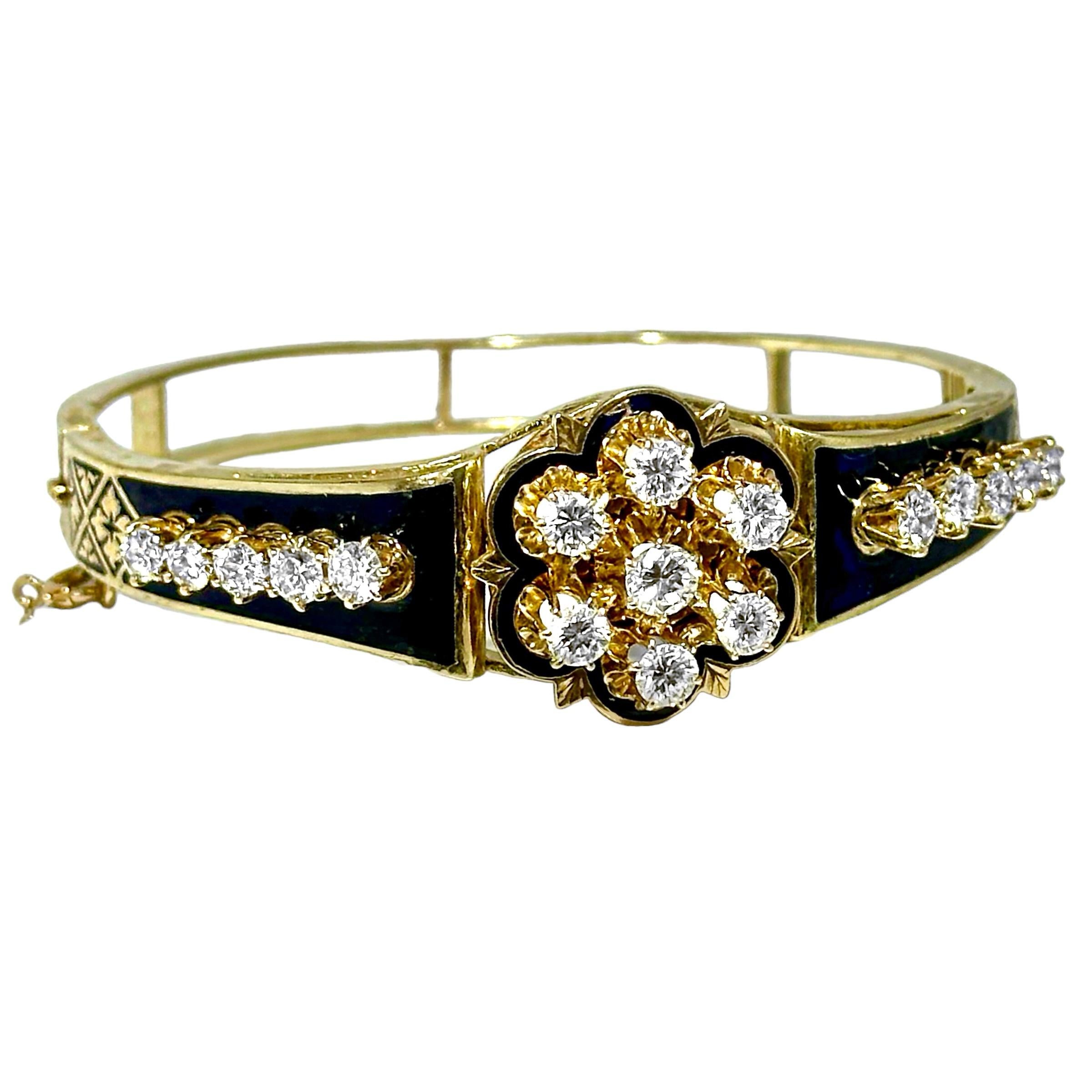 Viktorianischer Armreif im viktorianischen Stil aus 14 Karat Gelbgold mit Diamanten und blauen Emaille-Akzenten im Angebot 4