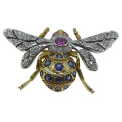 Victorian Style Bee Insect Brooch with Diamonds, Ruby and Sapphires